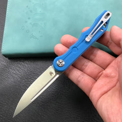 KUBEY KU2101B Mizo Liner Lock Front Flipper Folding Knife Blue G10 Handle 3.15" Satin 14C28N