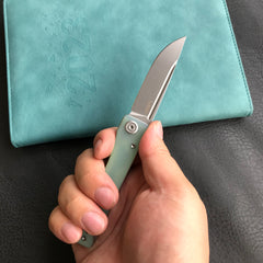 KUBEY KU2102B Akino Lockback Pocket Folding Knife Jade G10 Handle 3.15" Bead Blasted Sandvik 14C28N