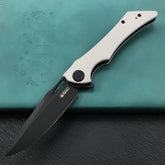 KUBEY KB245F Raven Liner Lock Flipper Knife White G10 Handle 3.5" Dark Stonewashed AUS-10