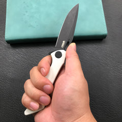 KUBEY KB245F Raven Liner Lock Flipper Knife White G10 Handle 3.5" Dark Stonewashed AUS-10