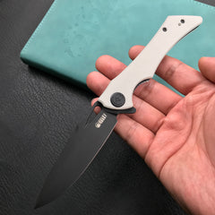 KUBEY KB245F Raven Liner Lock Flipper Knife White G10 Handle 3.5" Dark Stonewashed AUS-10