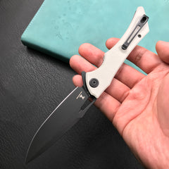 KUBEY KB245F Raven Liner Lock Flipper Knife White G10 Handle 3.5" Dark Stonewashed AUS-10