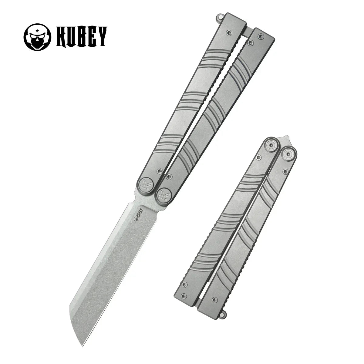 Kubey Knife Ballistic KU297A Gray Titanium Balisong – Beadblast 14C28N Sheepsfoot Butterfly Knife with Ceramic Ball Bearings for EDC & Outdoor