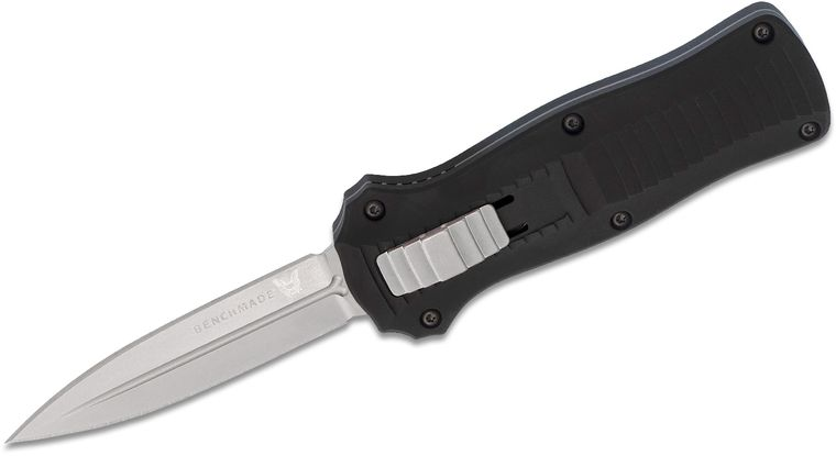 Benchmade 3350 Mini-Infidel Dagger AUTO OTF Knife 3.10" D2 Satin Double Edge Blade, Black Aluminum Handles