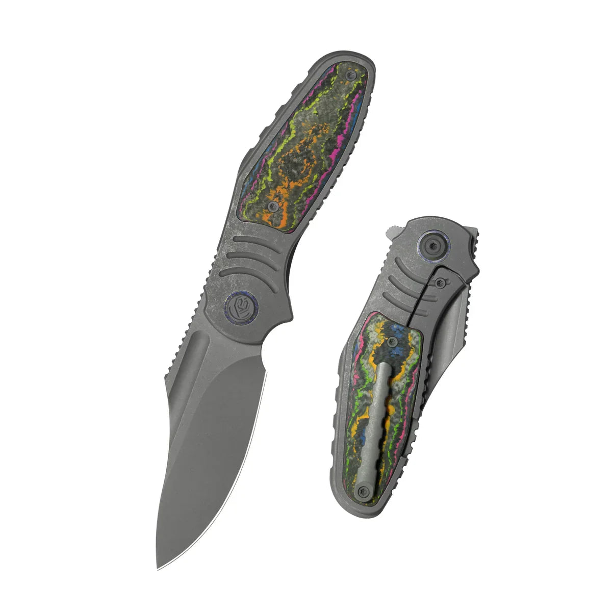 KB KNIVES Stroller KB384B Framelock Folder – Darkwash Titanium with 80’s Camo Carbon Inlays, CPM 20CV Clip Point EDC Folding Knife with Ceramic Ball Bearings