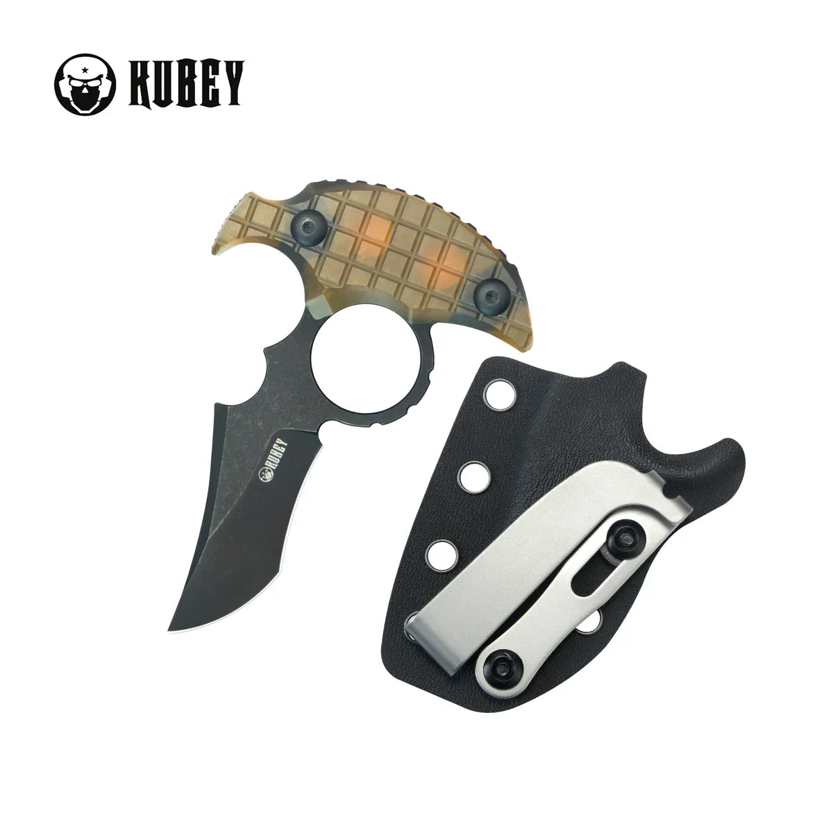 Kubey Knife Stheno KU404E Amber Ultem Fixed Blade Karambit – Blackwash 14C28N Clip Point EDC Knife with Kydex Tek-Lok Sheath