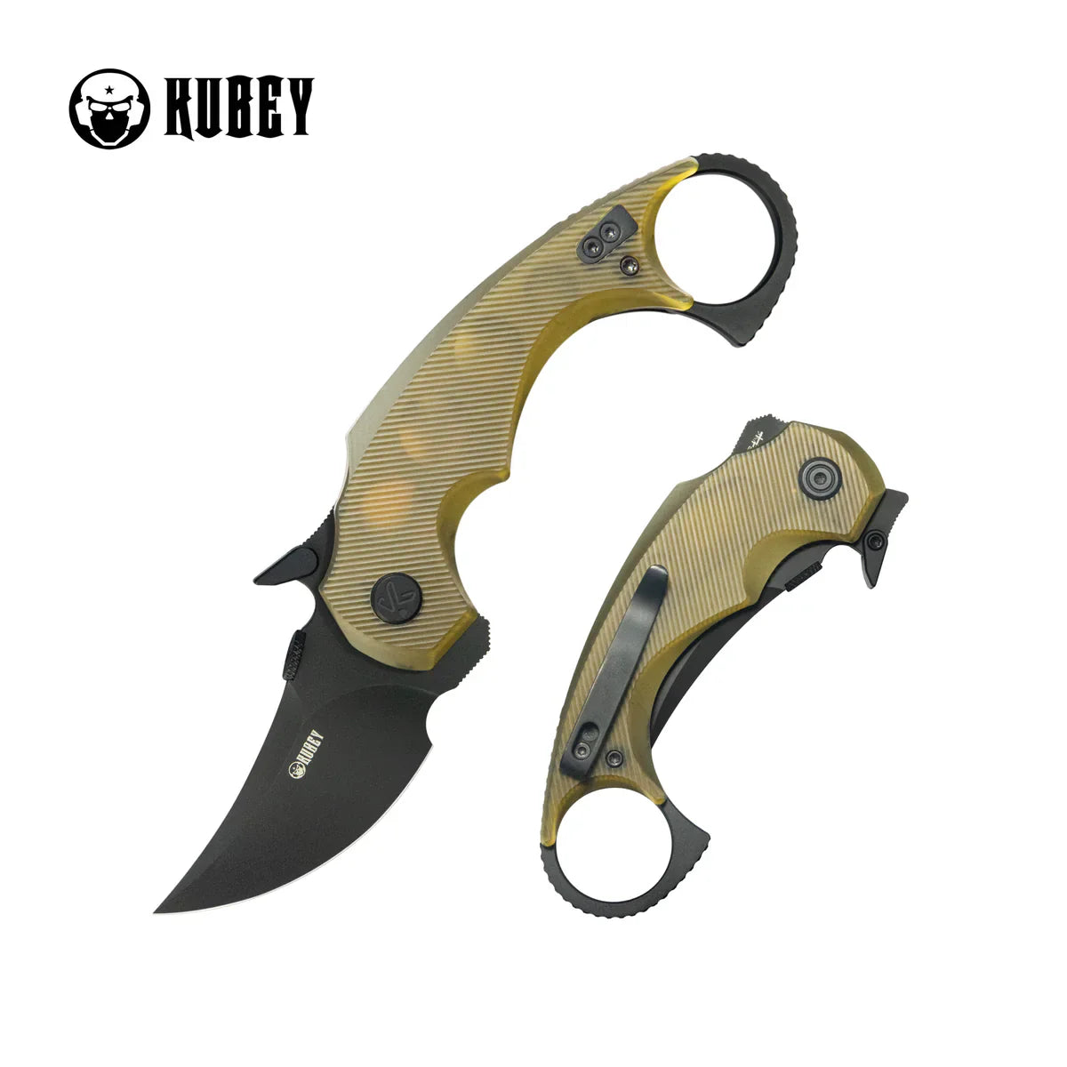 Kubey knife Jaw KU440E Karambit Style Linerlock Folding Knife – Transparent Ultem Handle 2.52” Blackwash 14C28N Pikal EDC Pocket Knife with Caged Ceramic Ball Bearings
