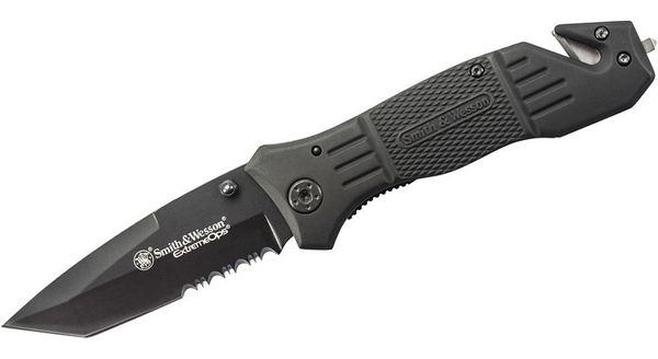 Smith & Wesson Extreme Ops First Response Rescue Folding Knife 3.3" Black Tanto Combo Blade, Rubber Coated Aluminum Handles  Folding Knife