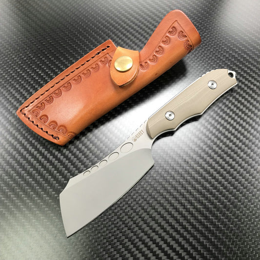 KUBEY KU341B Aiden Full Tang Fixed Blade Knife Tan Micarta Handle w/ Leather Sheath 3.35" Sand Blasted D2