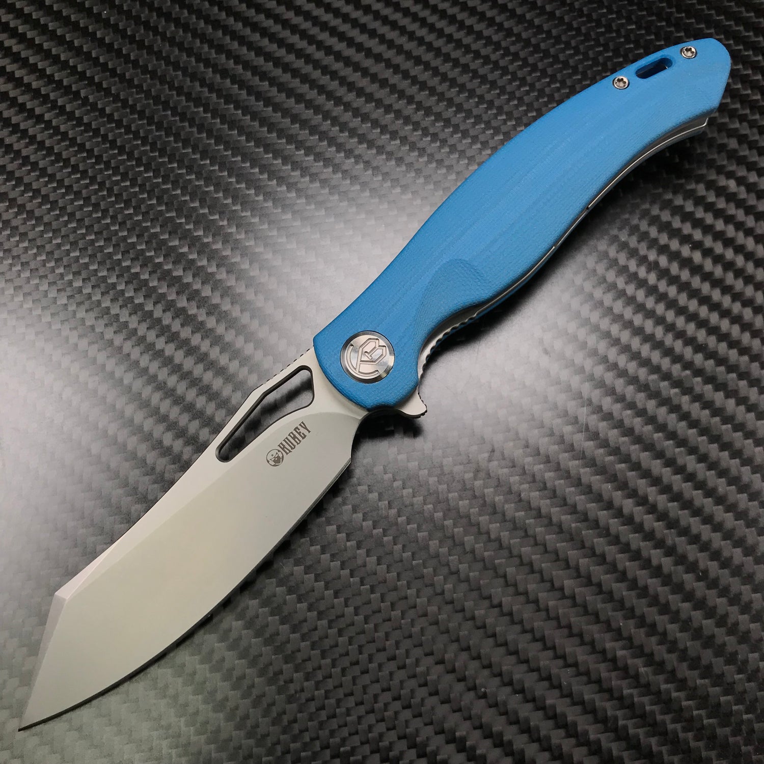 KUBEY KU239D Drake Lliner Lock Folding Knife Blue G10 Handle (3.7' Blasted Stonewashed AUS-10)