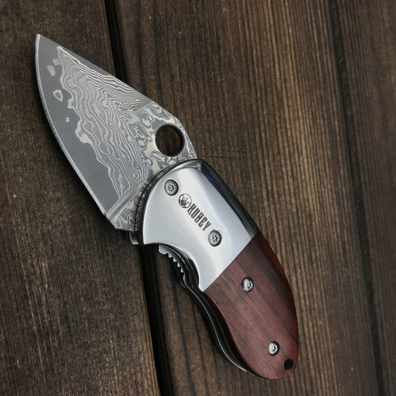 KUBEY KU66 Mini Survival Etched Damascus Folding Knife