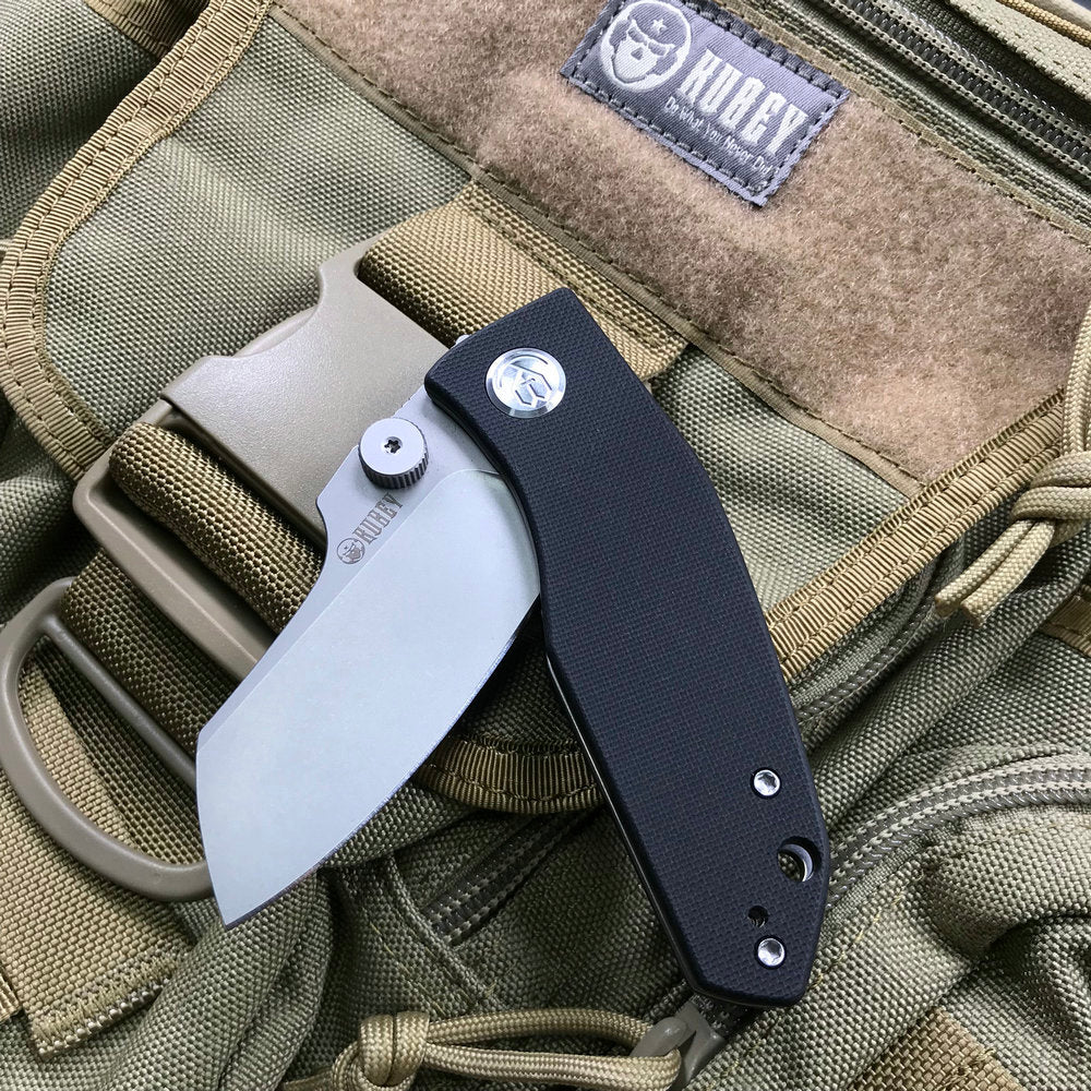 KUBEY KU337A Monsterdog Liner Lock Folding Knife Black G10 Handle 2.95" Blasted Stonewashed 14C28N