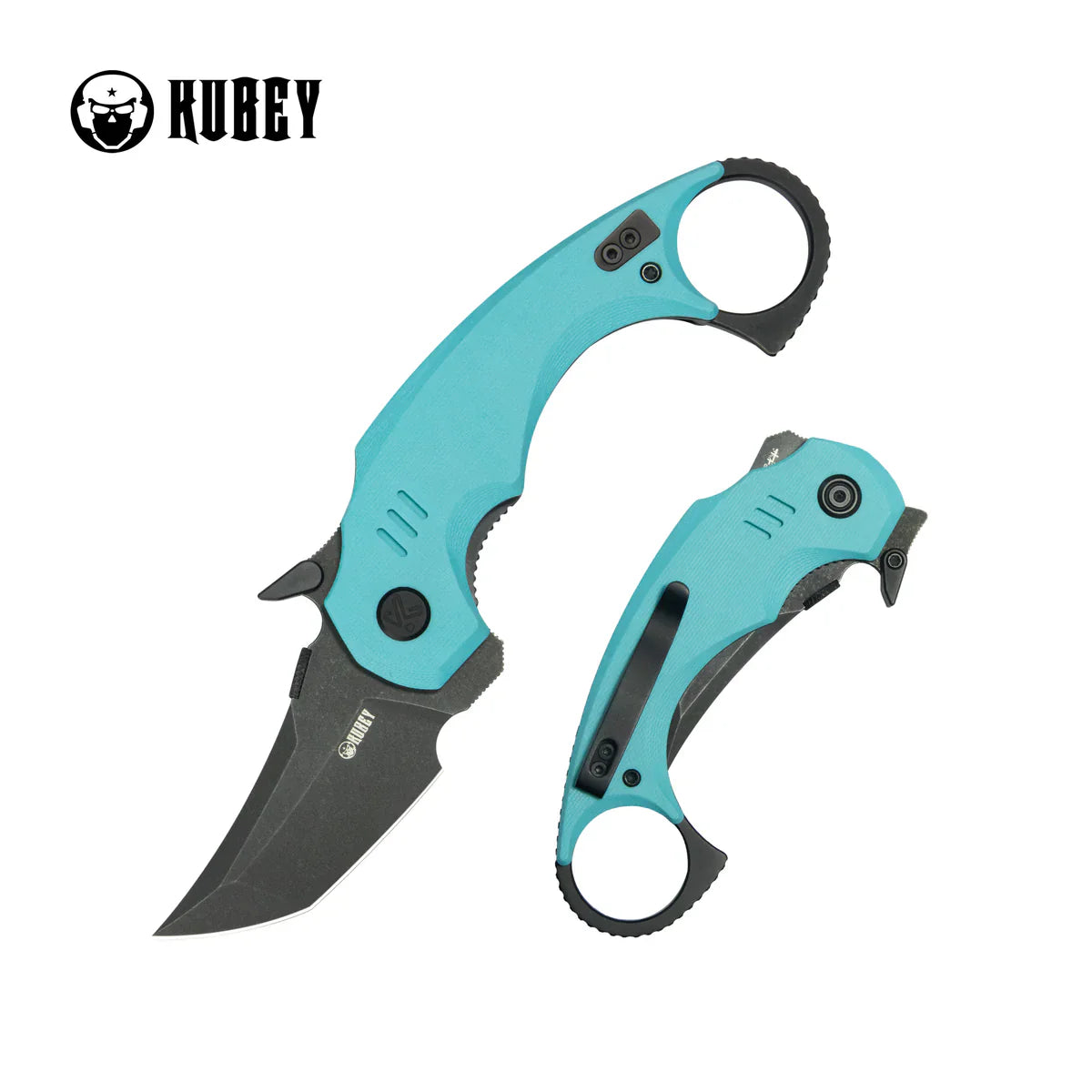 Kubey Jaw Tanto KU439D Karambit EDC Folder: Tiffany Blue G10, 2.52” Blackwash 14C28N Tanto Blade with Ceramic Bearings & Liner Lock
