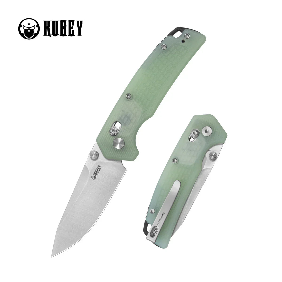 Kubey knife Freki KU465B Crossbar Lock Folding Knife – Jade Translucent G10 Handle 3.11” Satin 14C28N Drop Point EDC Pocket Knife with Phosphor Bronze Washers