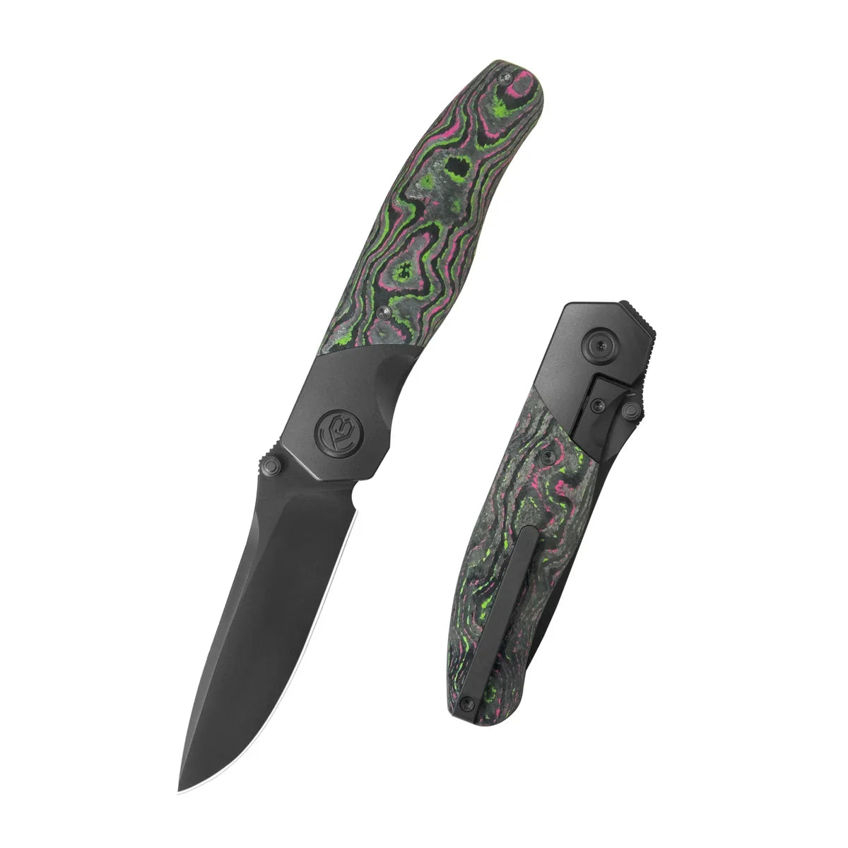 KB KNIVES Velvet Snake KB266C DLC Titanium Framelock Folder – DLC Bohler M390 Drop Point EDC Knife with Watermelon Sugar Camo Carbon Inlays & Ceramic Ball Bearings