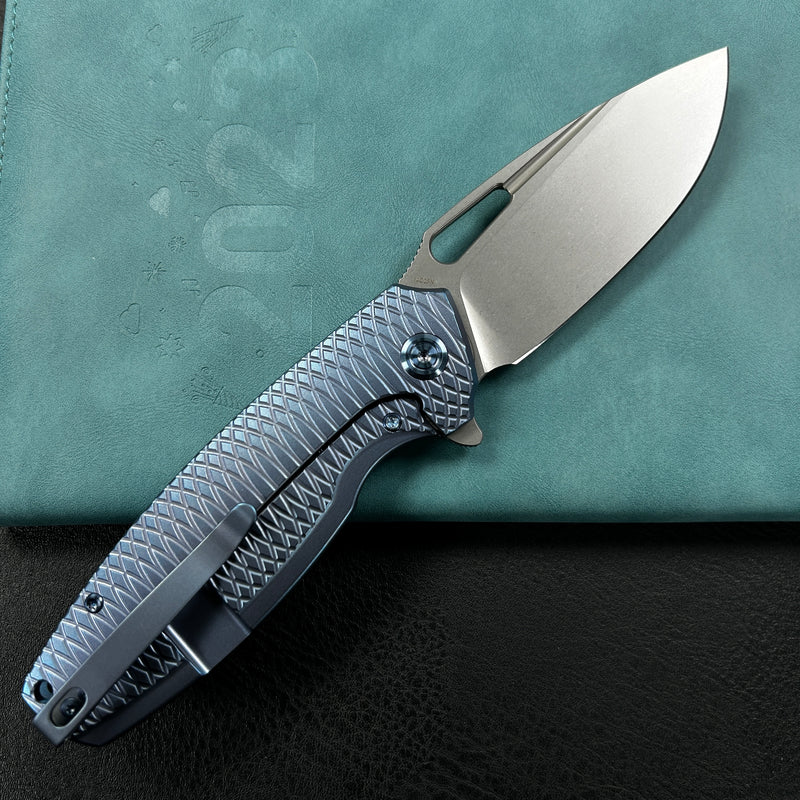 KUBEY KB360F Tityus Frame Lock Flipper Folding Knife Blue Pattern Titanium Handle 3.39" Beadblast 14C28N