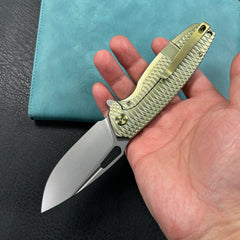 KUBEY KB360G Tityus Frame Lock Flipper Folding Knife Gold Pattern Titanium Handle 3.39" Beadblast 14C28N