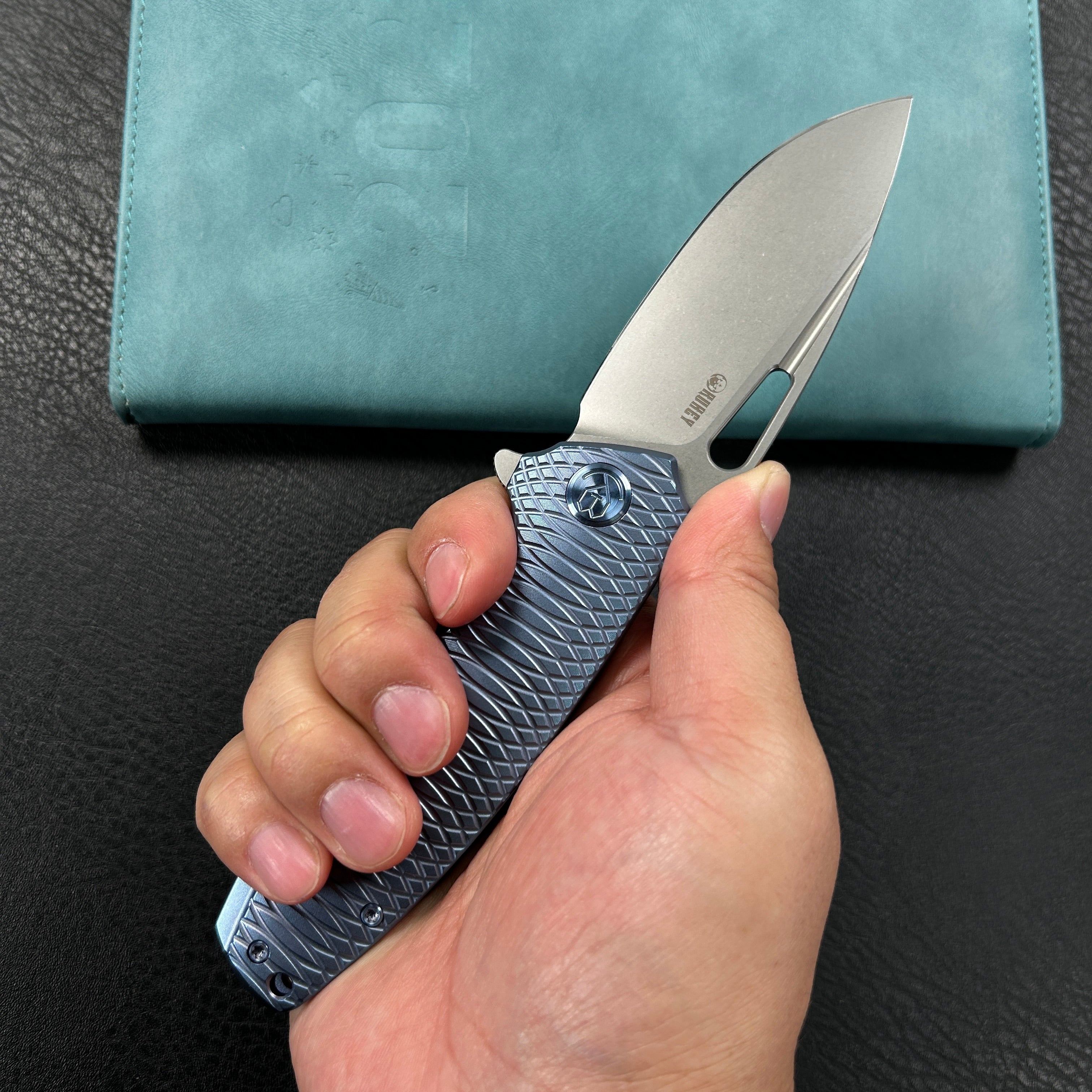 KUBEY KB360F Tityus Frame Lock Flipper Folding Knife Blue Pattern Titanium Handle 3.39" Beadblast 14C28N