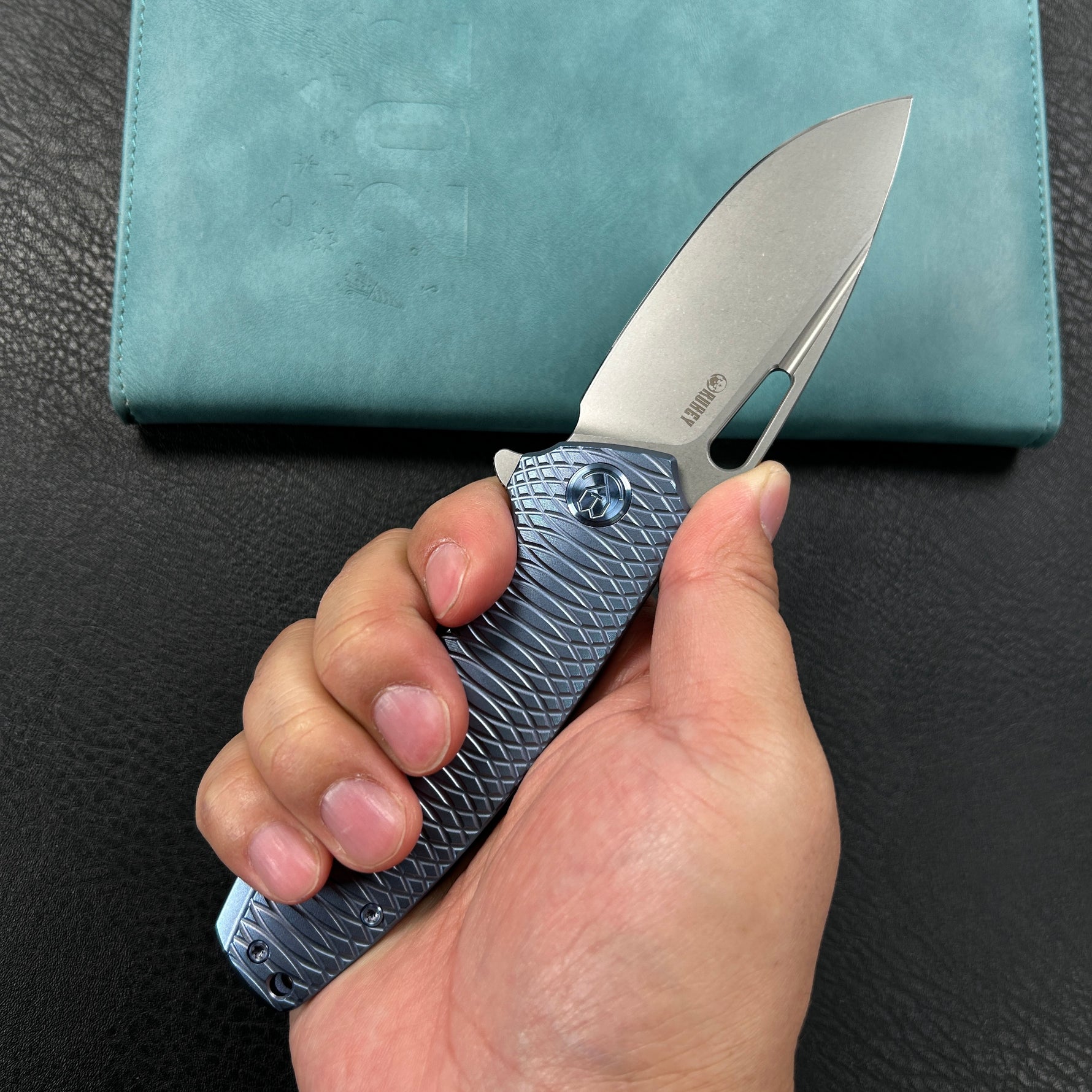 KB KNIVES KB360F Tityus Frame Lock Flipper Folding Knife Blue Pattern Titanium Handle 3.39" Beadblast 14C28N