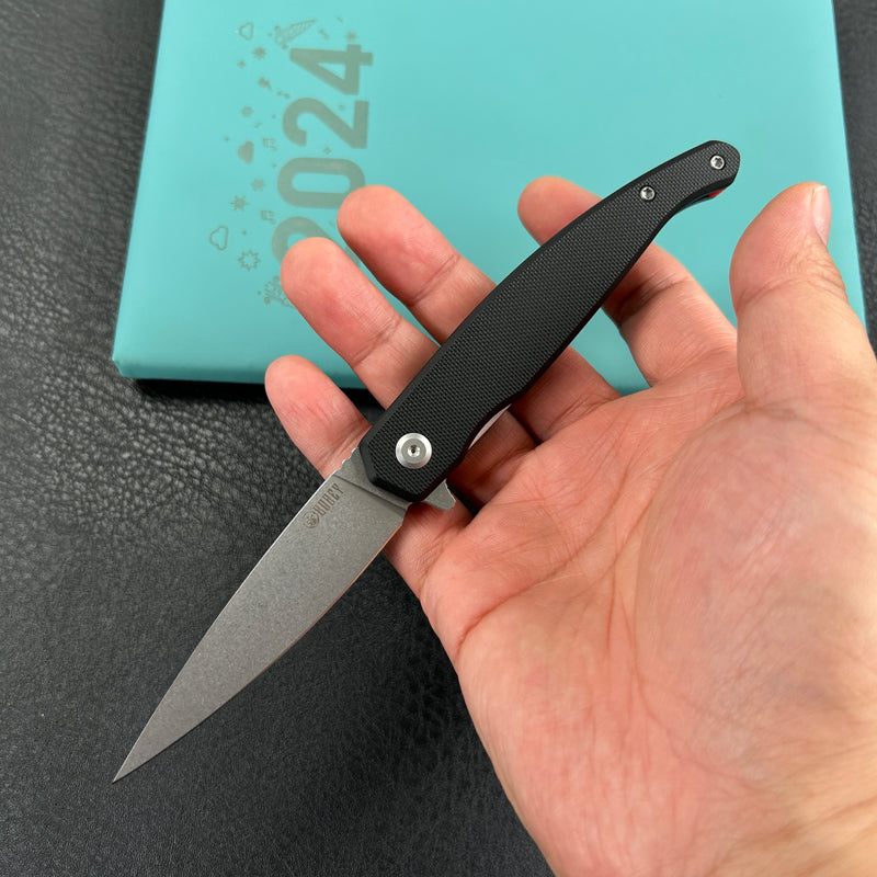 KUBEY KU361A MOS Hydra Design Outdoor Flipper Folding Knife Black G-10 Handle 3.27" Stonewash 14C28N Blade