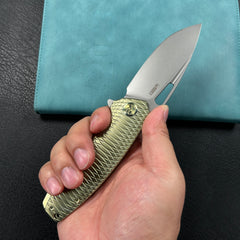 KUBEY KB360G Tityus Frame Lock Flipper Folding Knife Gold Pattern Titanium Handle 3.39" Beadblast 14C28N