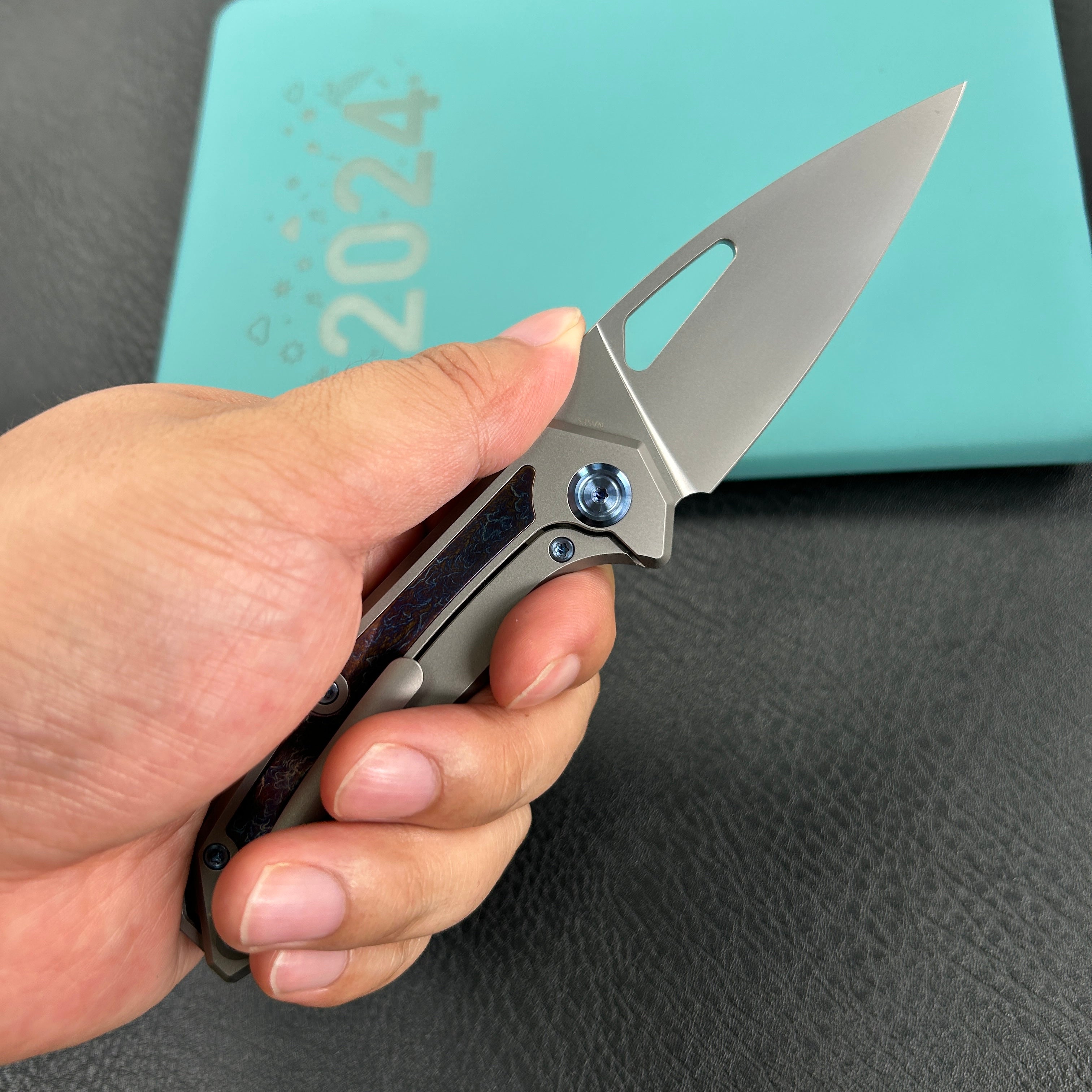 KB Knives KB286A Coeus Outdoor Folding Knife Grey Titanium with Timascus Inlays 3.11" Stonewash