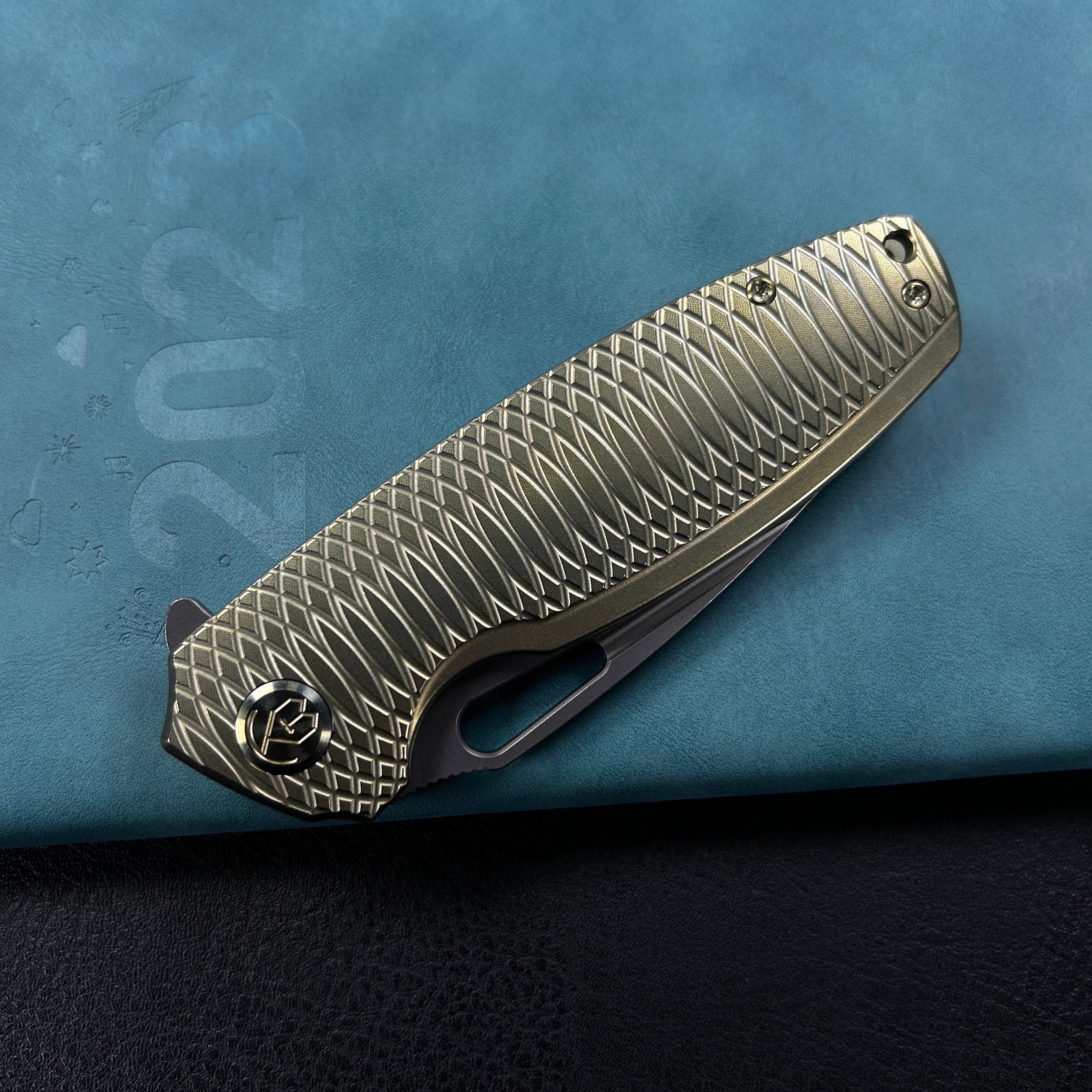 KUBEY KB360G Tityus Frame Lock Flipper Folding Knife Gold Pattern Titanium Handle 3.39" Beadblast 14C28N