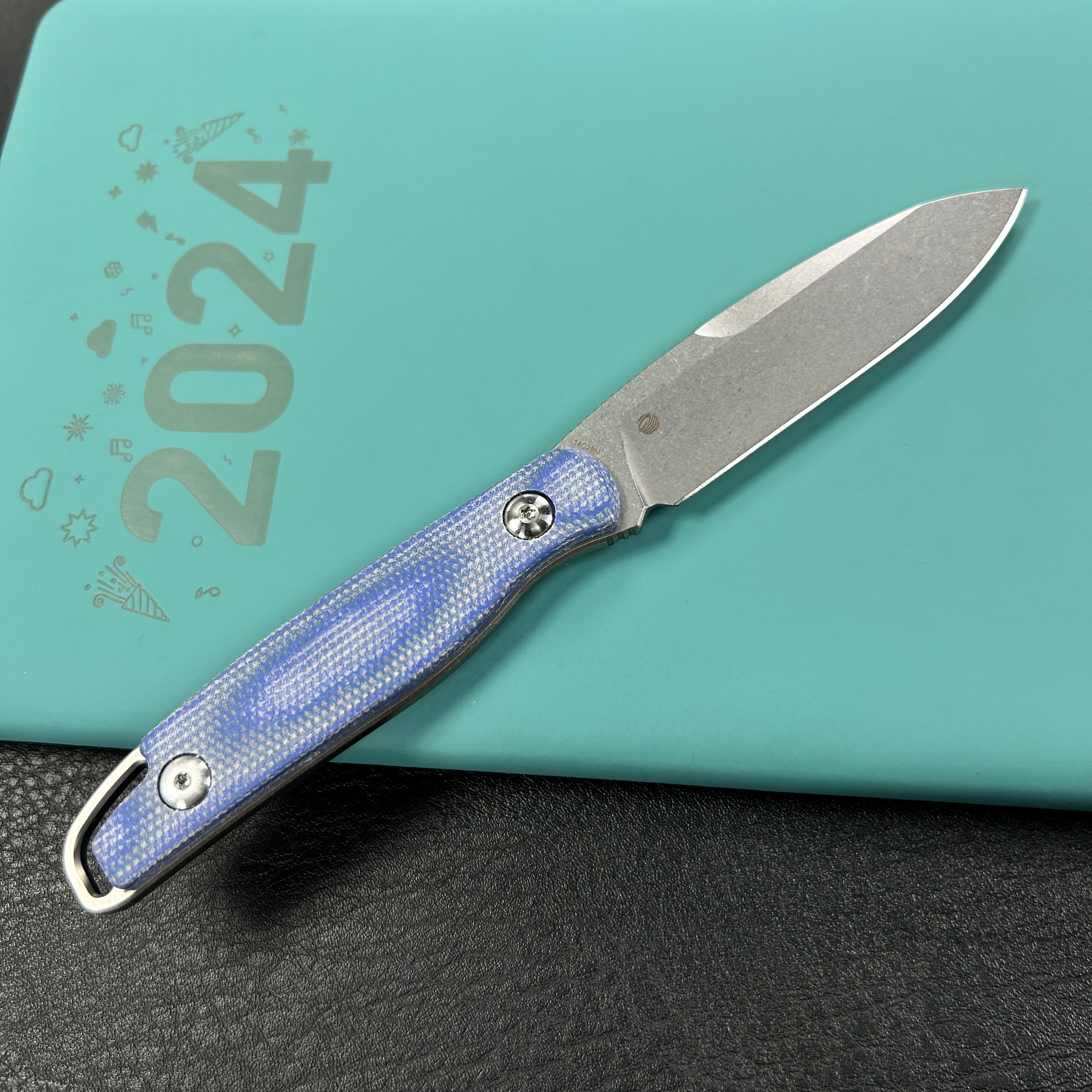 KUBEY KU357D Dust Devil Utility Knife Fixed Blade Knives Blue Micarta 3.23'' Beadblast 14C28N