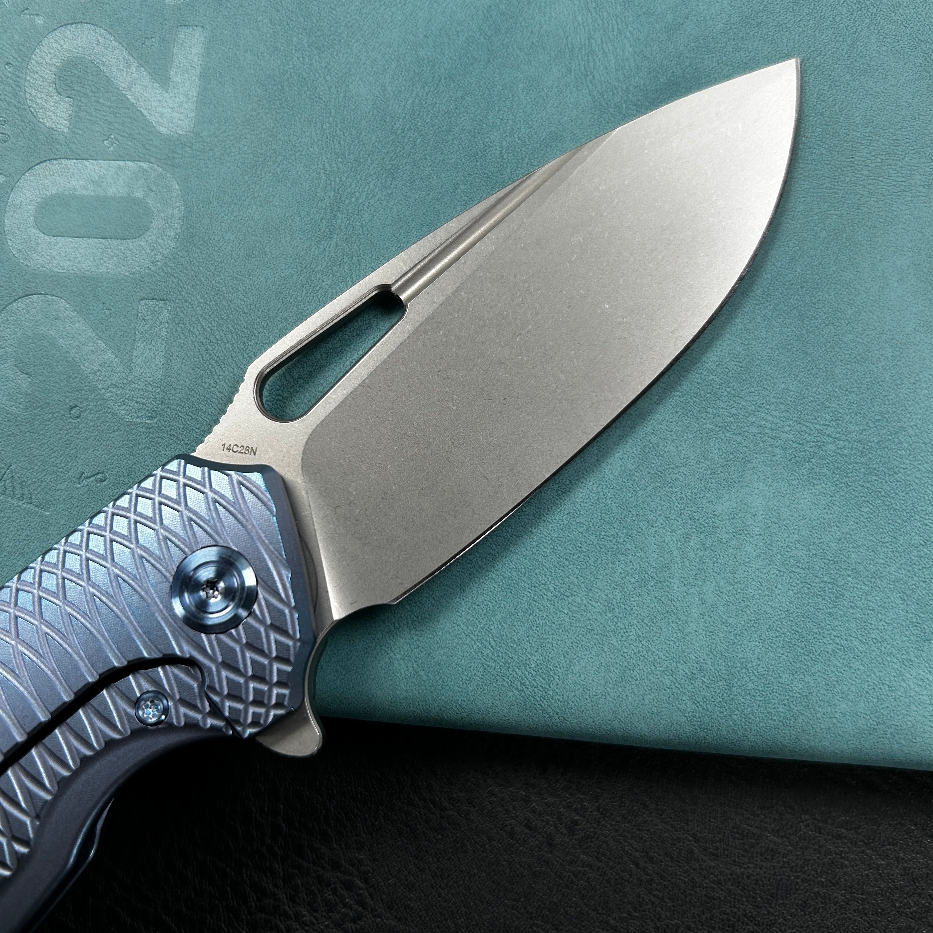 KUBEY KB360F Tityus Frame Lock Flipper Folding Knife Blue Pattern Titanium Handle 3.39" Beadblast 14C28N