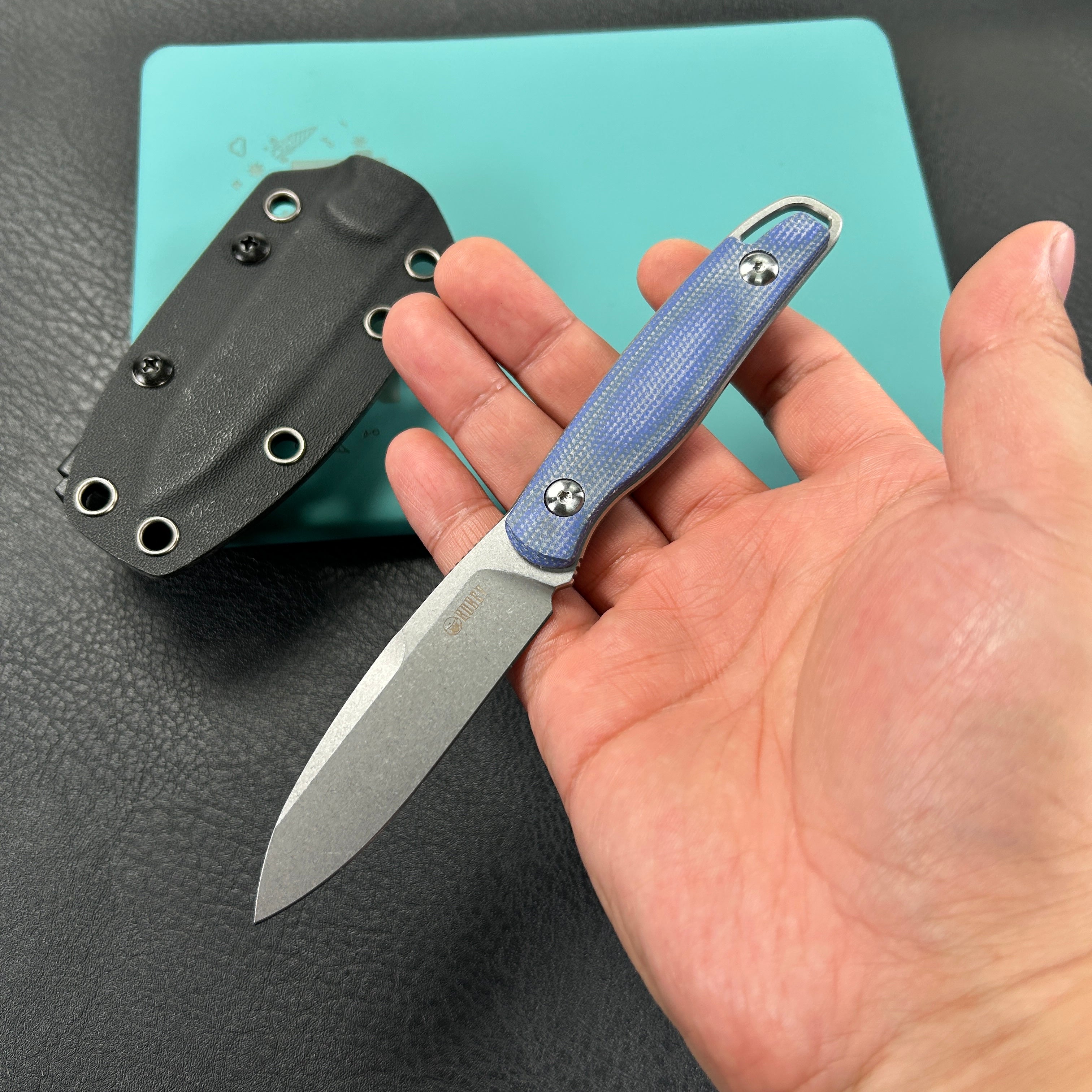 KUBEY KU357D Dust Devil Utility Knife Fixed Blade Knives Blue Micarta 3.23'' Beadblast 14C28N