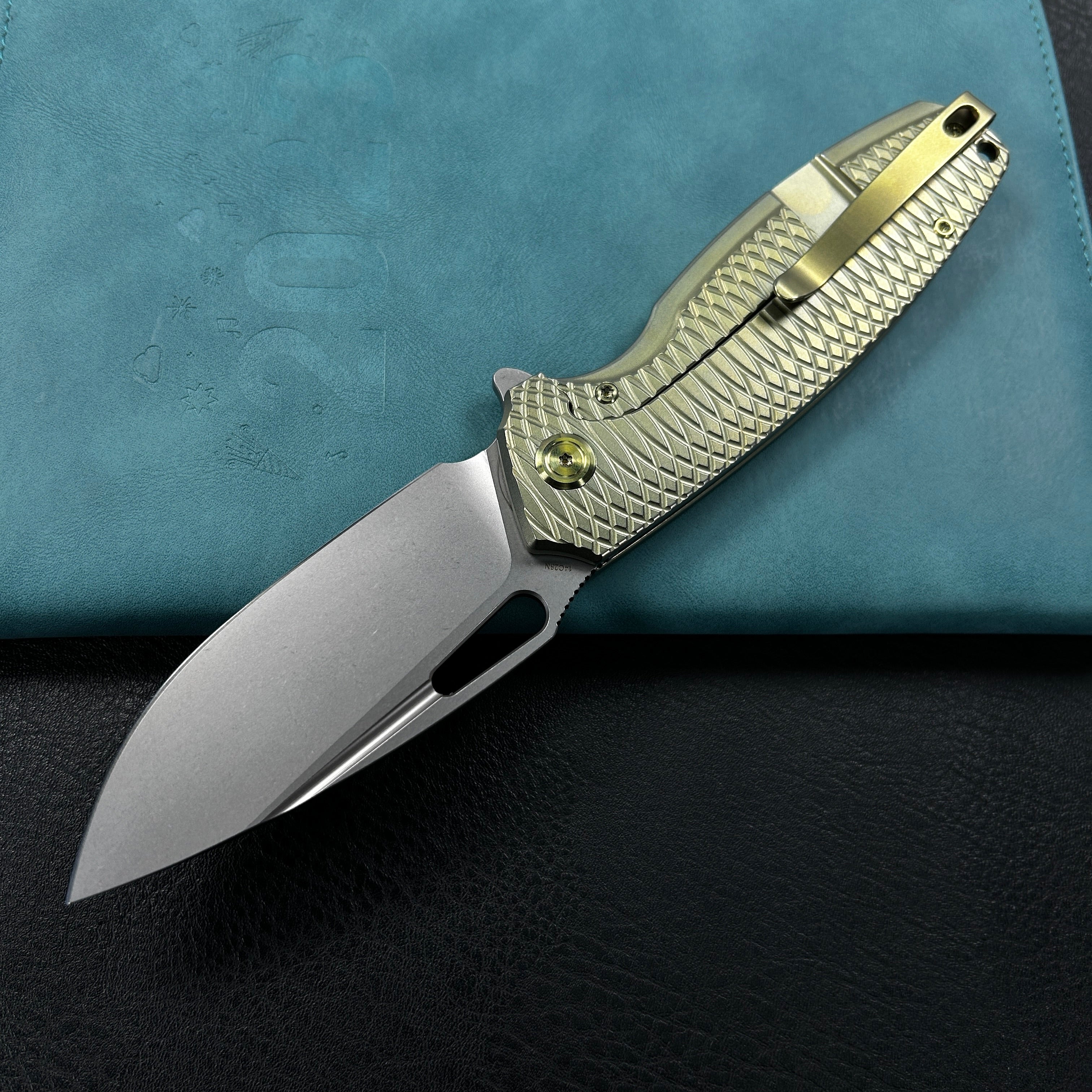 KUBEY KB360G Tityus Frame Lock Flipper Folding Knife Gold Pattern Titanium Handle 3.39" Beadblast 14C28N