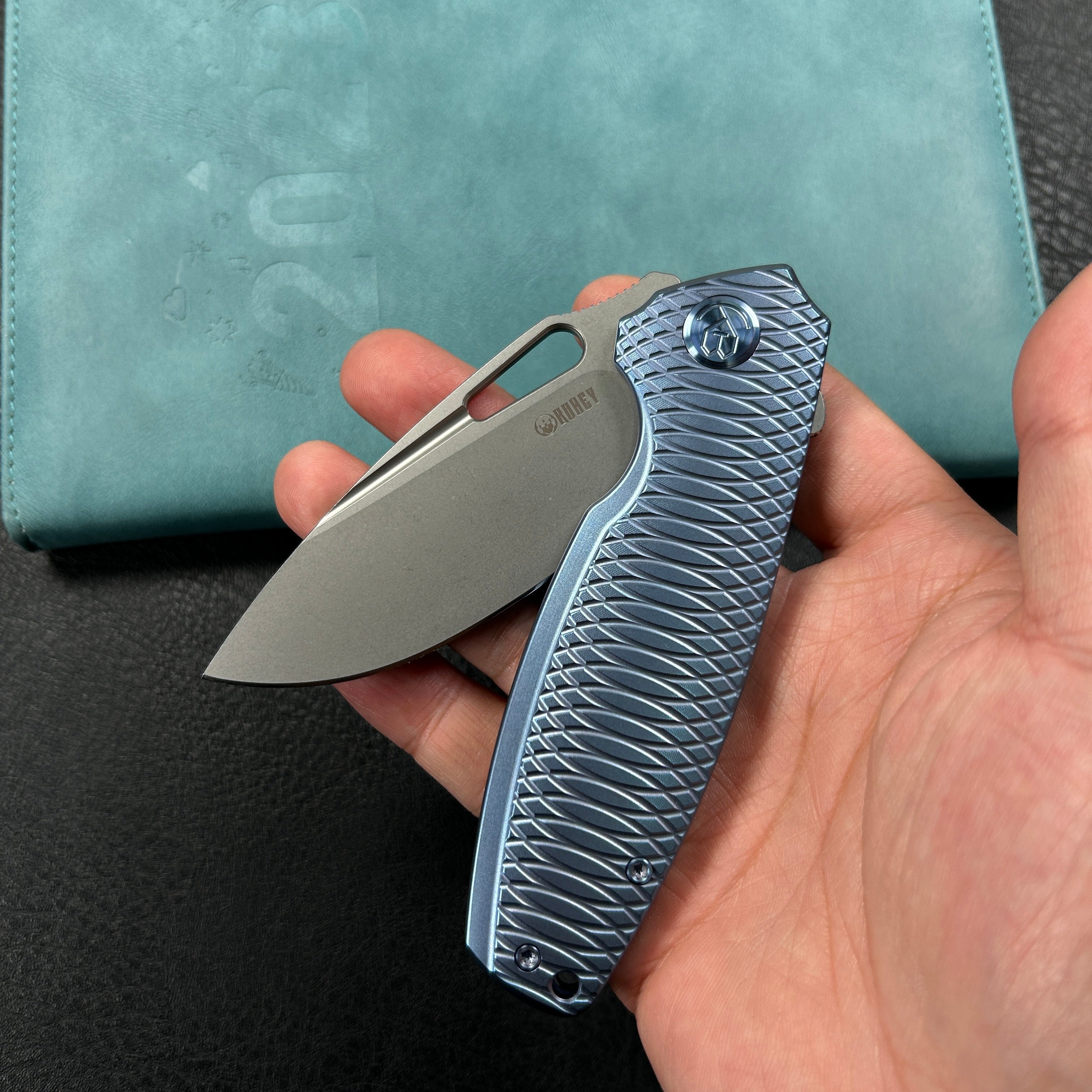 KUBEY KB360F Tityus Frame Lock Flipper Folding Knife Blue Pattern Titanium Handle 3.39" Beadblast 14C28N