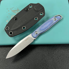 KUBEY KU357D Dust Devil Utility Knife Fixed Blade Knives Blue Micarta 3.23'' Beadblast 14C28N