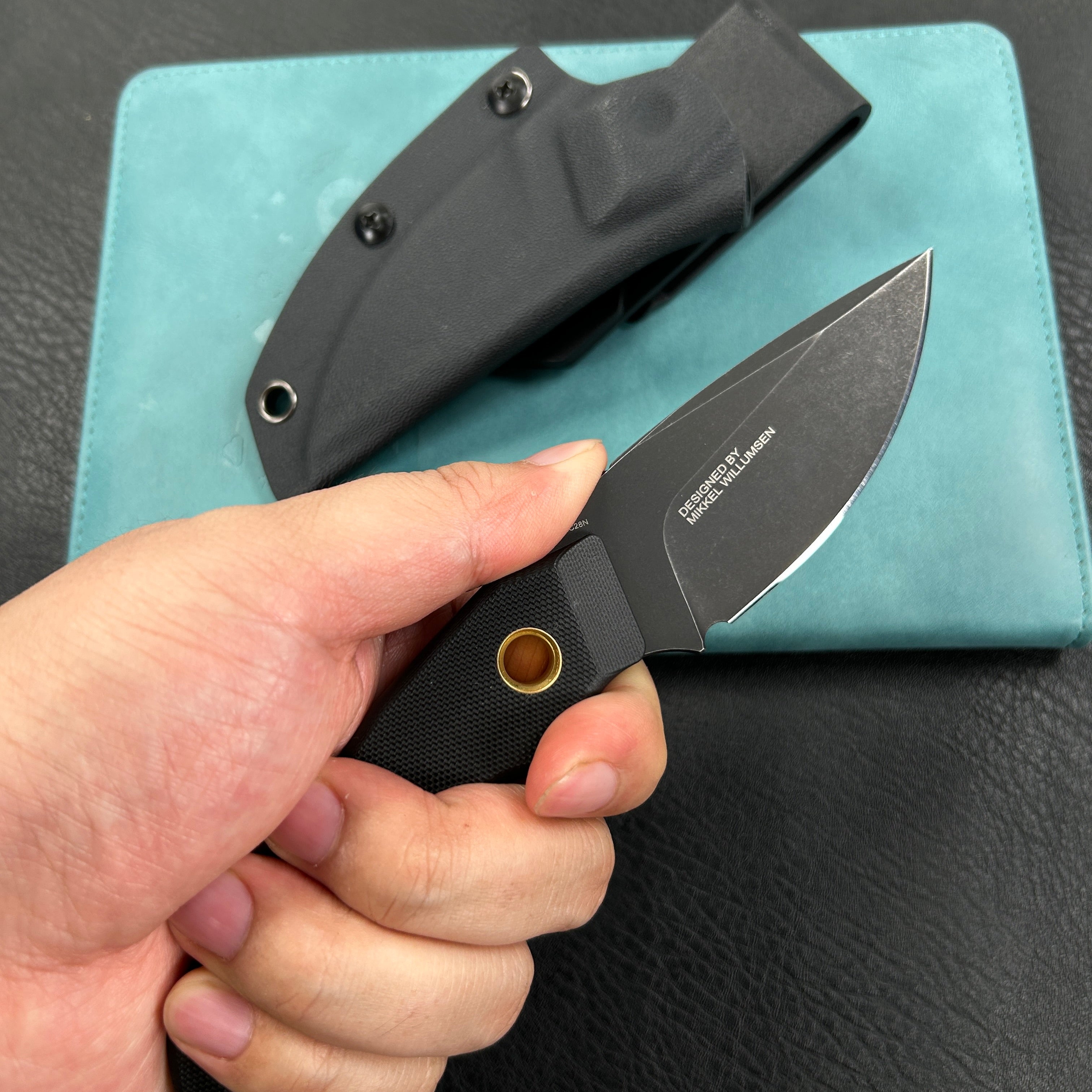 KUBEY KU376C Mikkel Willumsen Design Blade Hunter Drop Point Fixed Blade Knife Black G10 Handle 2.95''Blackwash 14C28N