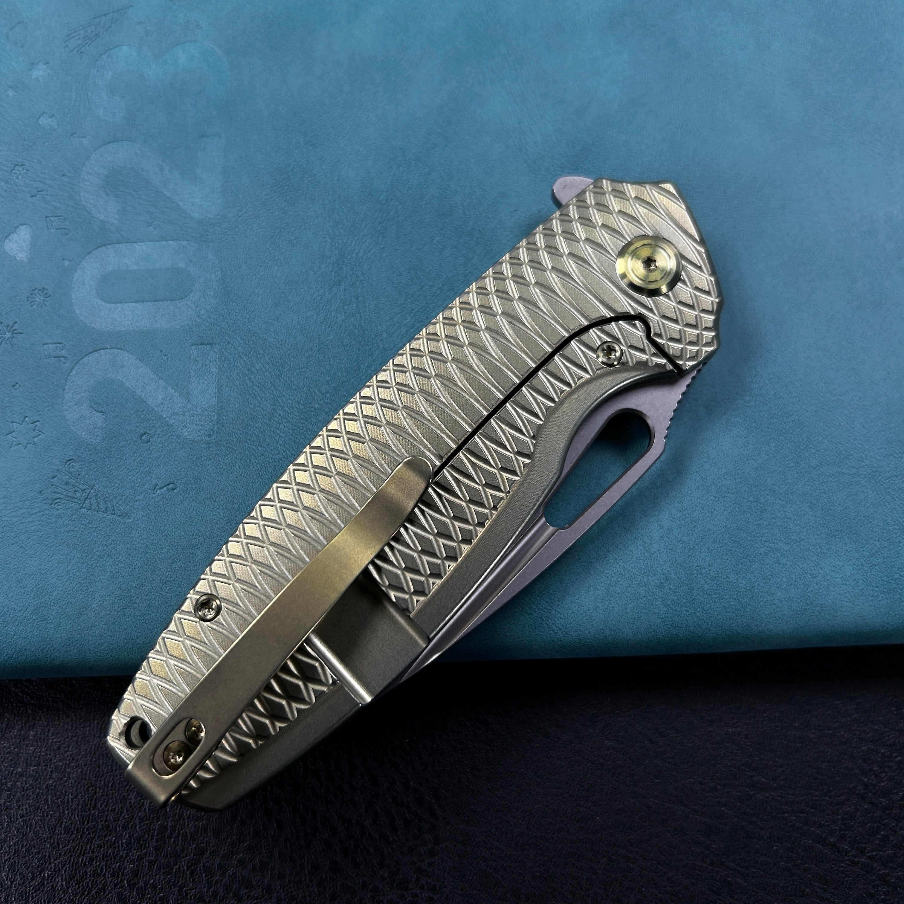 KUBEY KB360G Tityus Frame Lock Flipper Folding Knife Gold Pattern Titanium Handle 3.39" Beadblast 14C28N