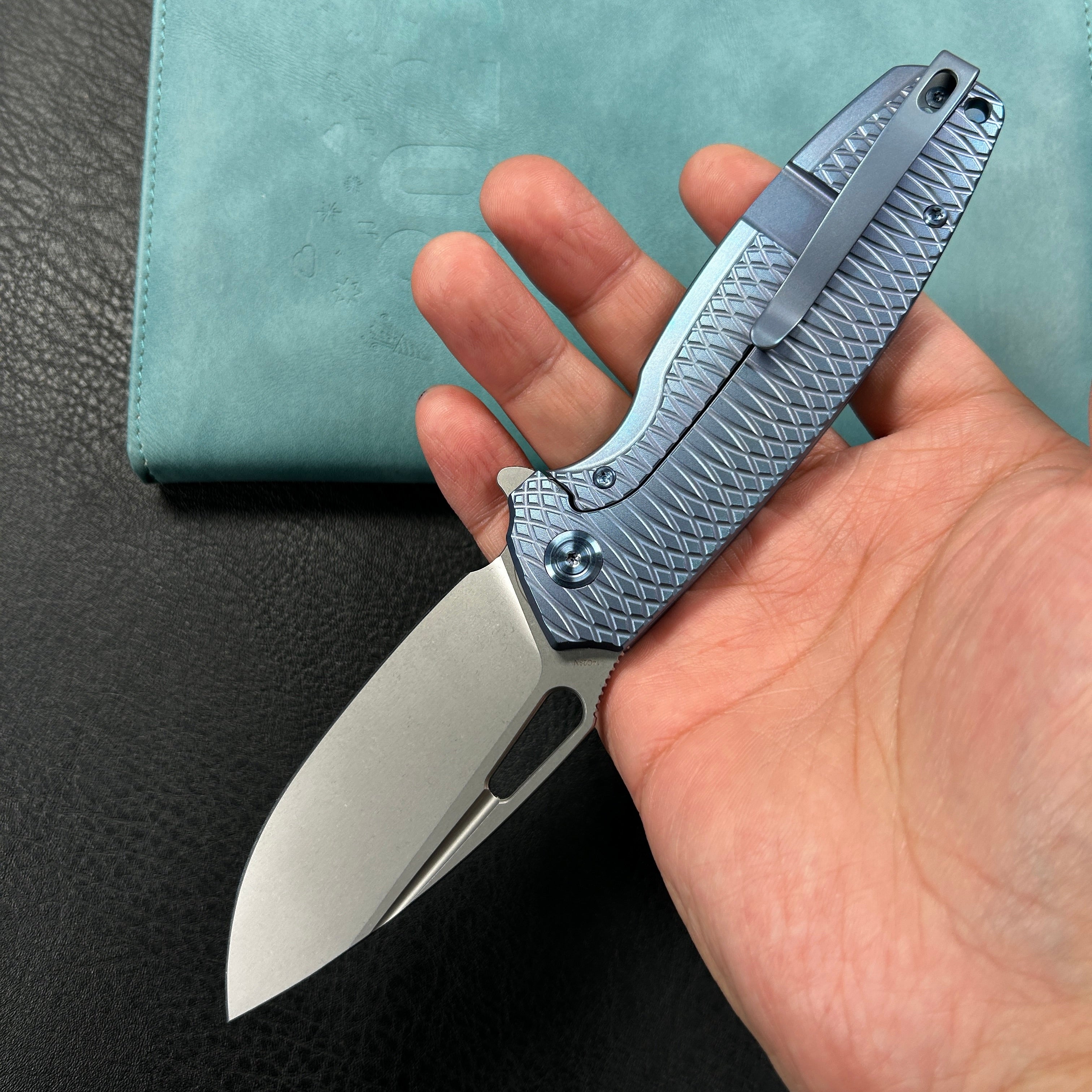 KUBEY KB360F Tityus Frame Lock Flipper Folding Knife Blue Pattern Titanium Handle 3.39" Beadblast 14C28N