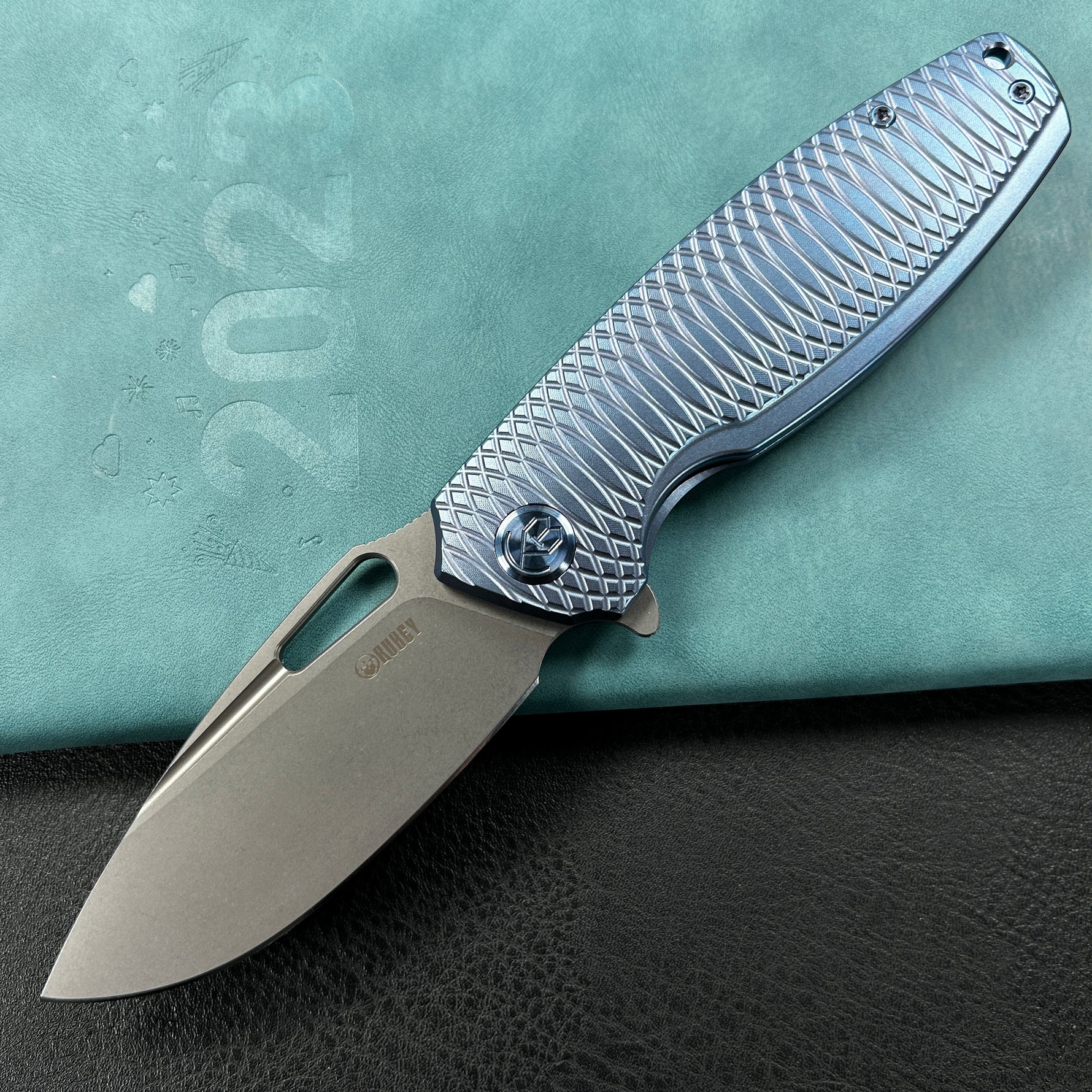KB KNIVES KB360F Tityus Frame Lock Flipper Folding Knife Blue Pattern Titanium Handle 3.39" Beadblast 14C28N
