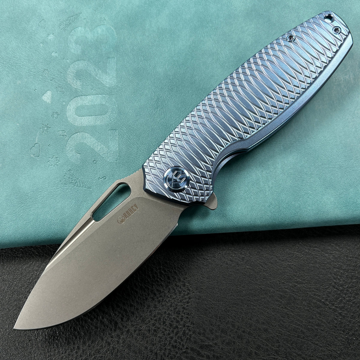 KUBEY KB360F Tityus Frame Lock Flipper Folding Knife Blue Pattern Titanium Handle 3.39" Beadblast 14C28N