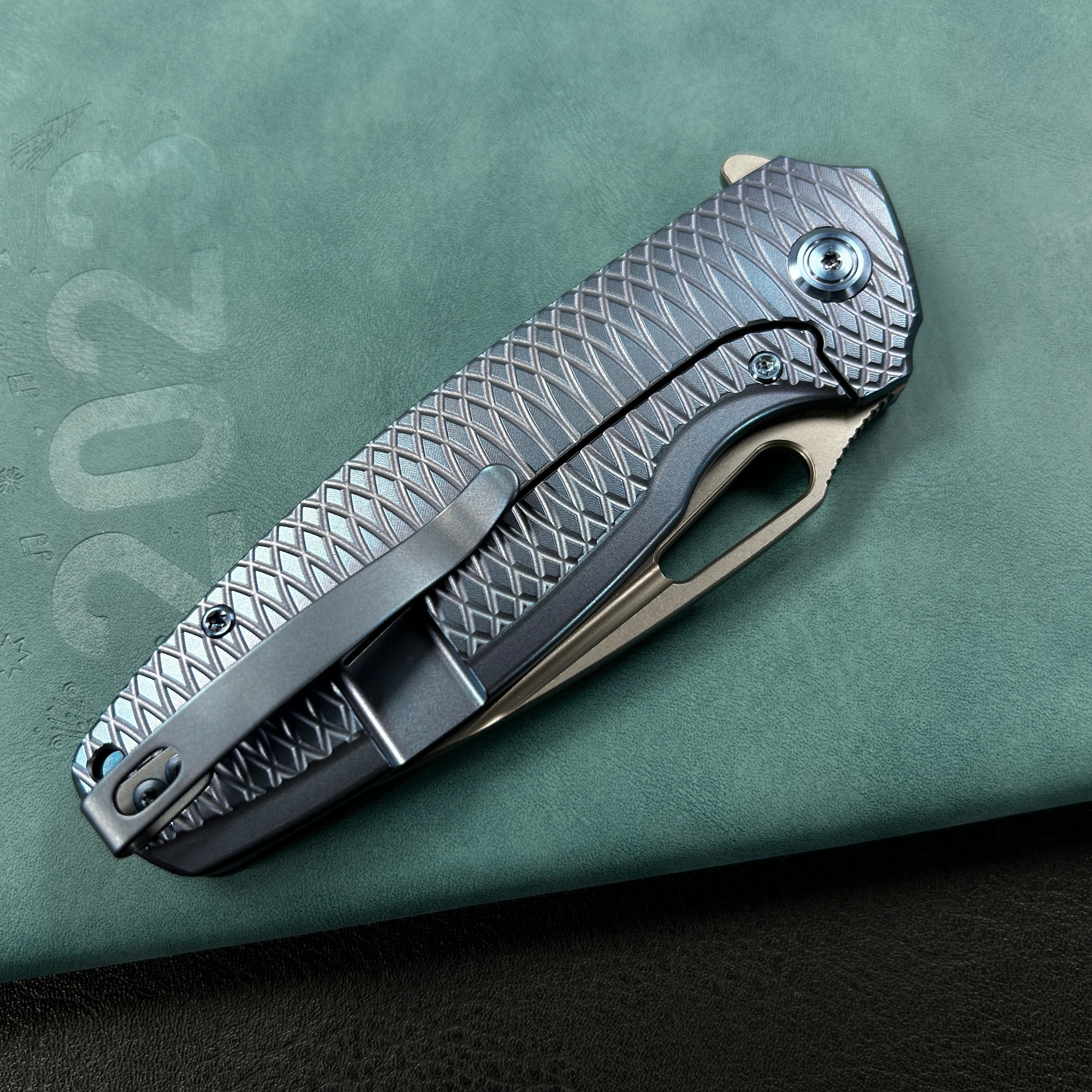 KUBEY KB360F Tityus Frame Lock Flipper Folding Knife Blue Pattern Titanium Handle 3.39" Beadblast 14C28N