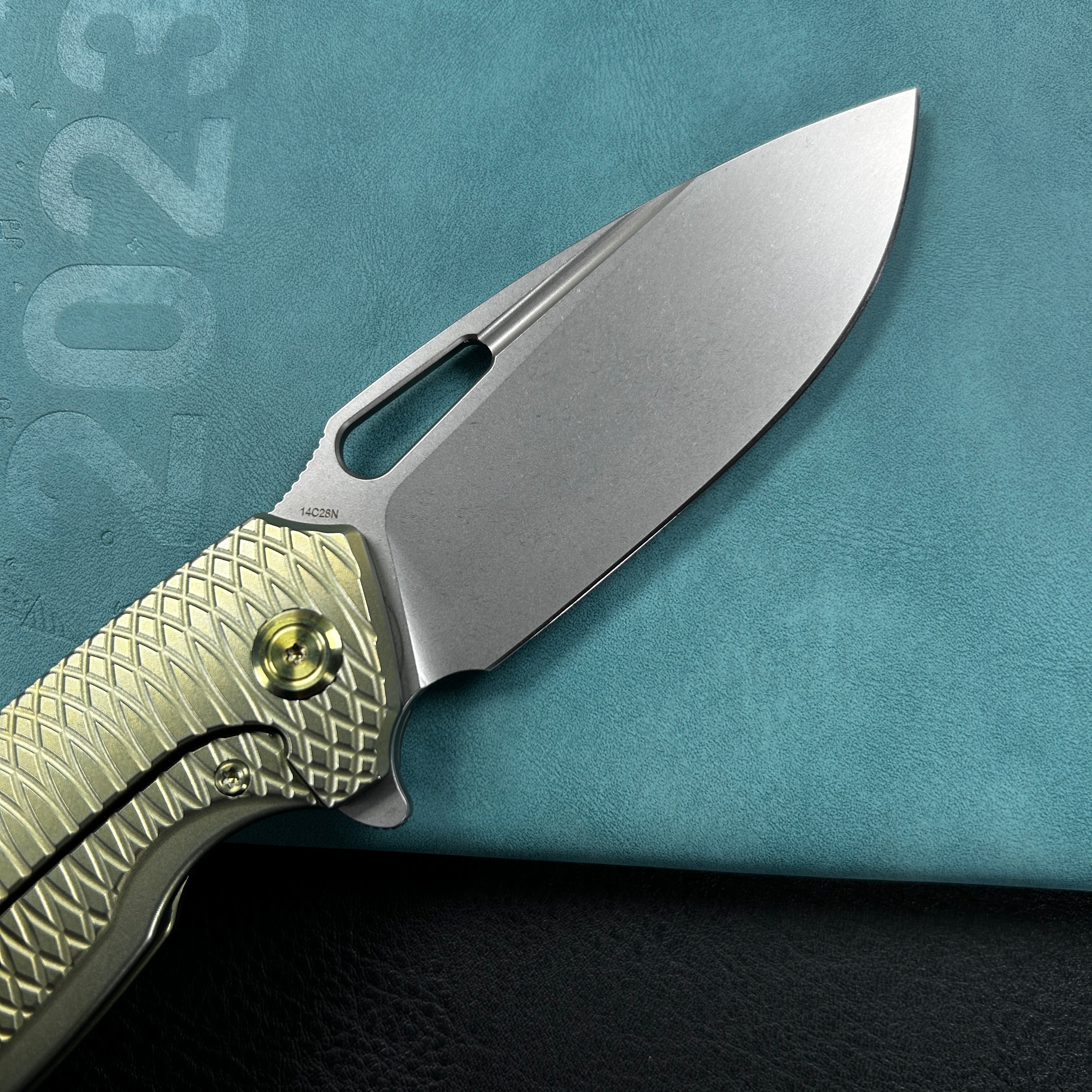 KUBEY KB360G Tityus Frame Lock Flipper Folding Knife Gold Pattern Titanium Handle 3.39" Beadblast 14C28N