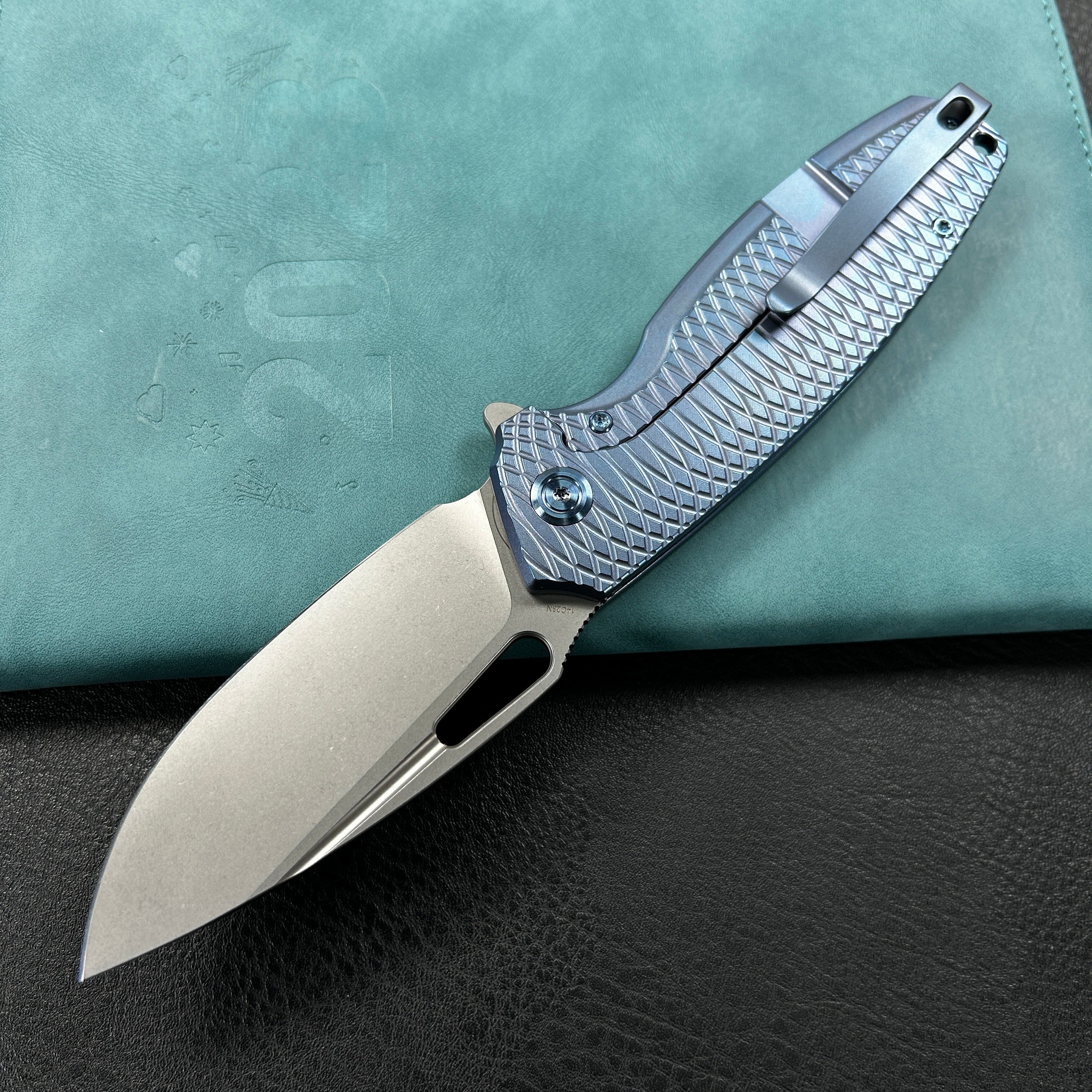 KUBEY KB360F Tityus Frame Lock Flipper Folding Knife Blue Pattern Titanium Handle 3.39" Beadblast 14C28N