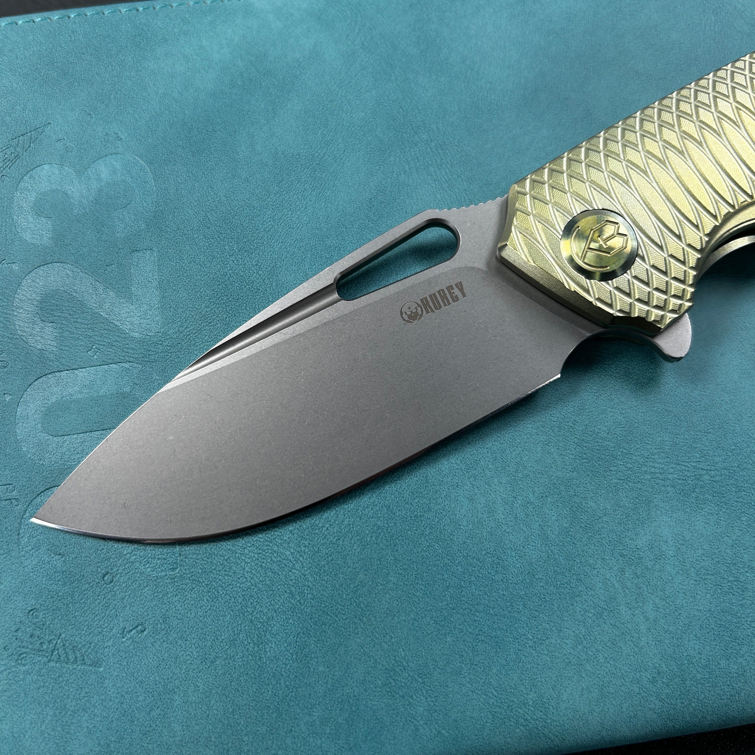 KUBEY KB360G Tityus Frame Lock Flipper Folding Knife Gold Pattern Titanium Handle 3.39" Beadblast 14C28N