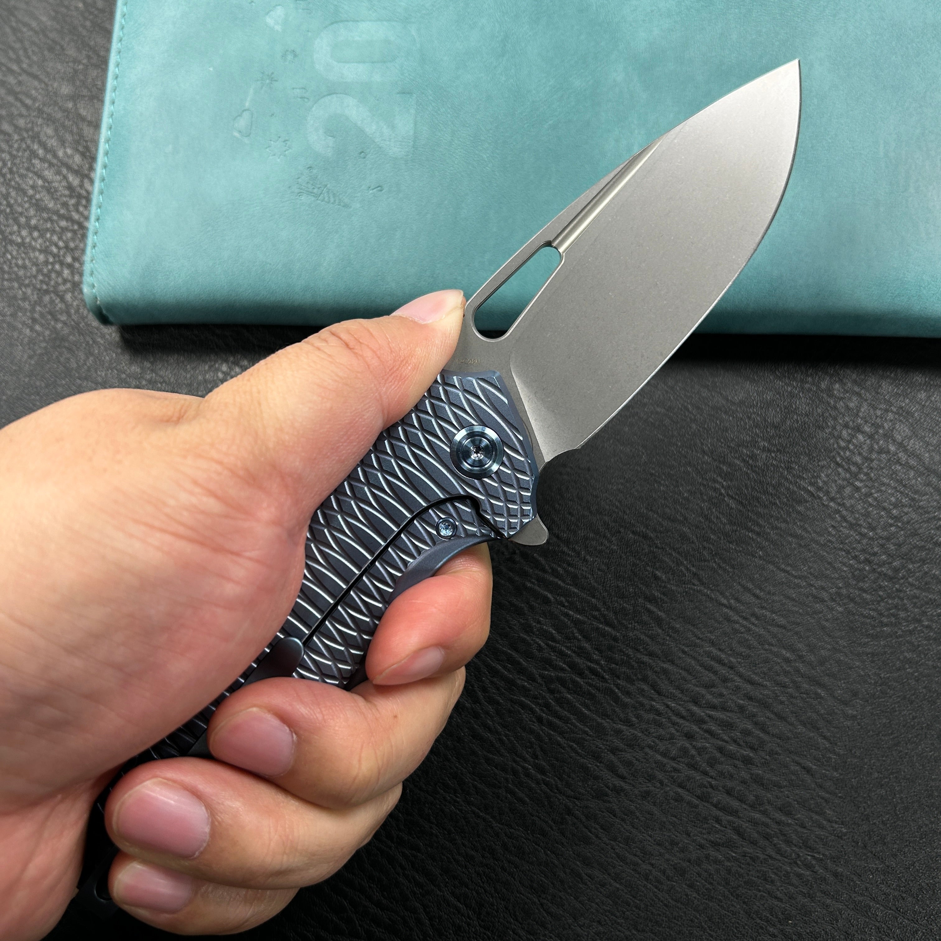 KUBEY KB360F Tityus Frame Lock Flipper Folding Knife Blue Pattern Titanium Handle 3.39" Beadblast 14C28N