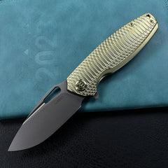 KUBEY KB360G Tityus Frame Lock Flipper Folding Knife Gold Pattern Titanium Handle 3.39" Beadblast 14C28N