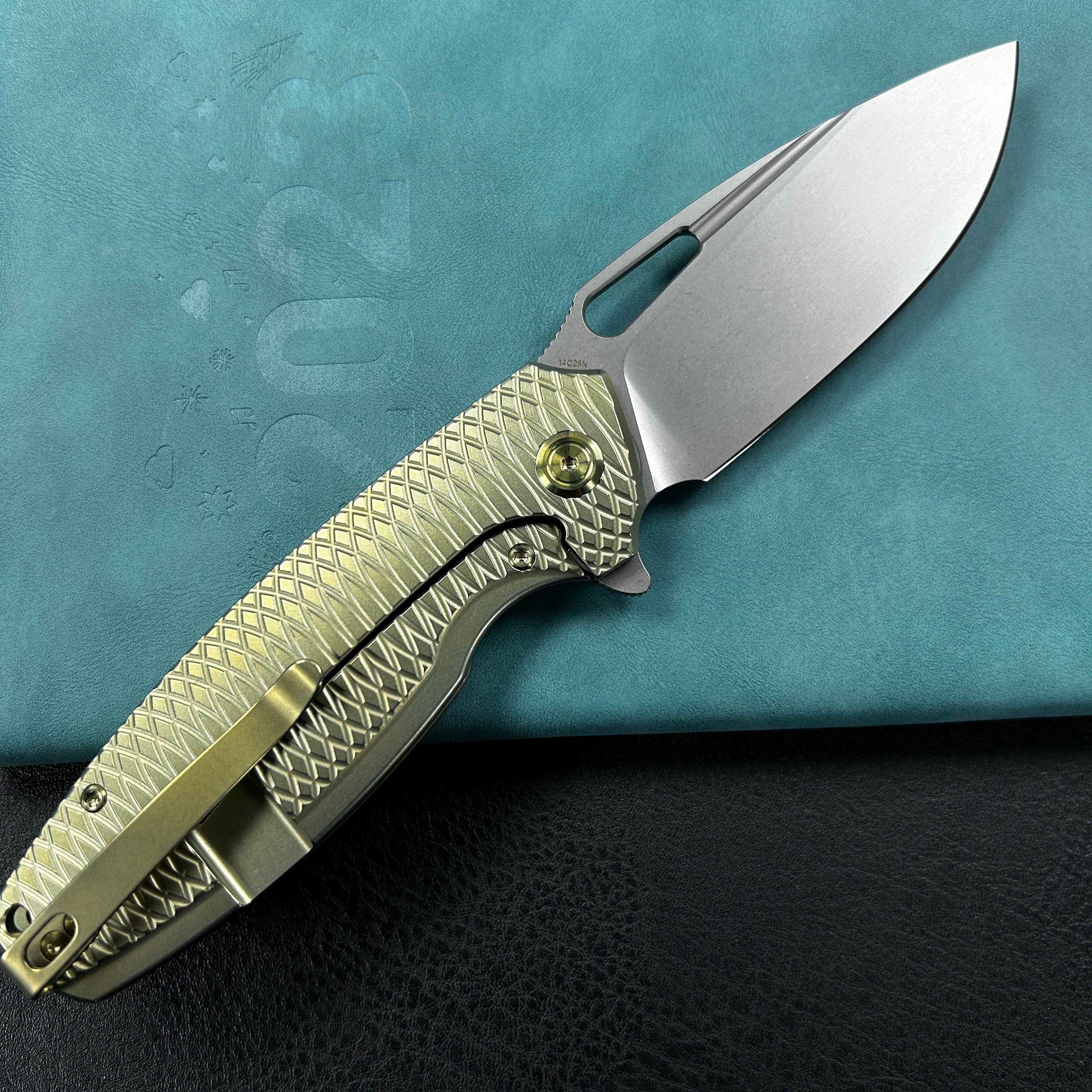 KUBEY KB360G Tityus Frame Lock Flipper Folding Knife Gold Pattern Titanium Handle 3.39" Beadblast 14C28N