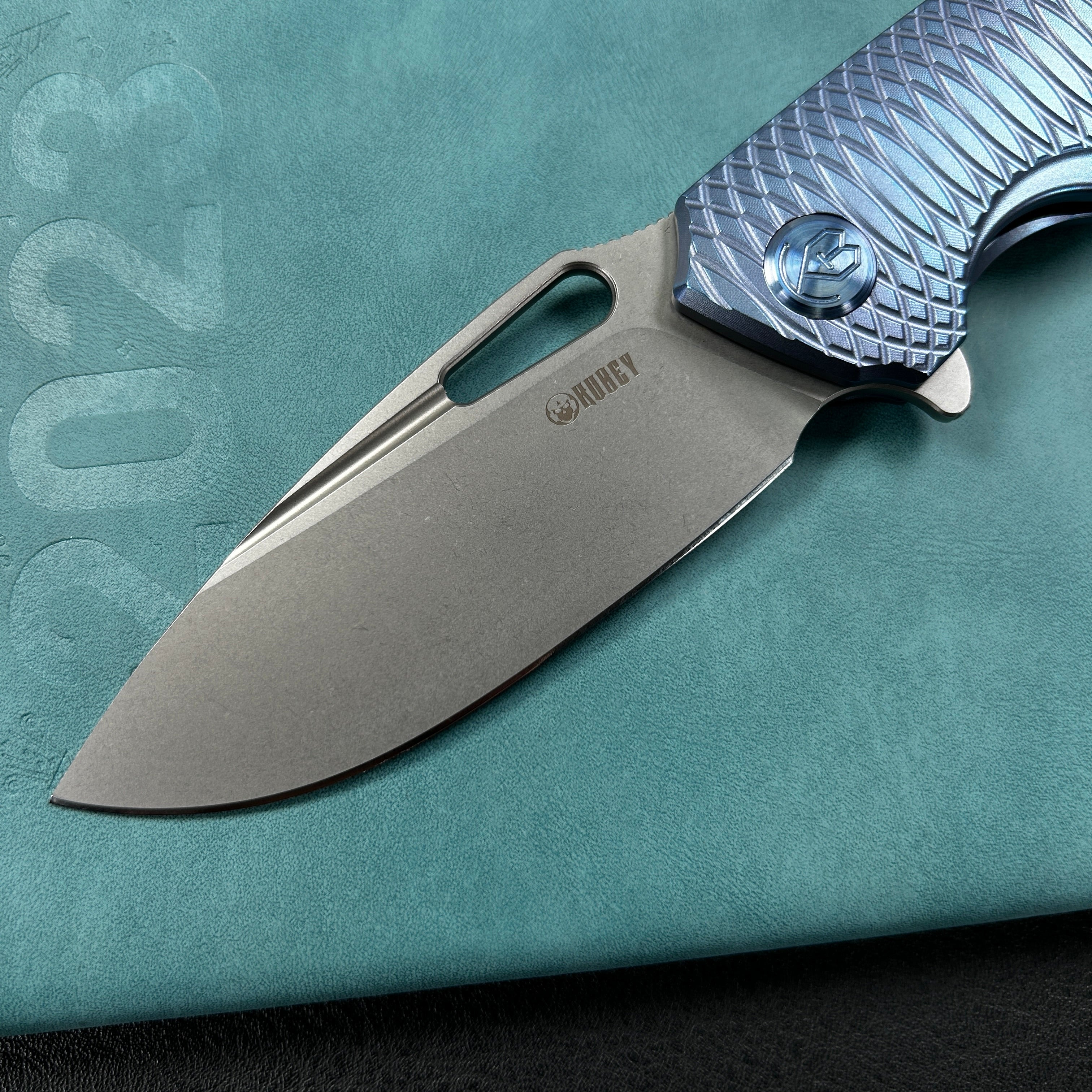 KUBEY KB360F Tityus Frame Lock Flipper Folding Knife Blue Pattern Titanium Handle 3.39" Beadblast 14C28N