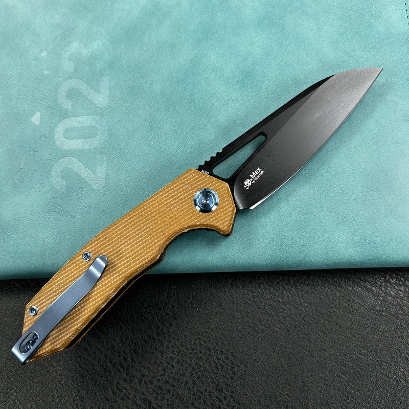 KUBEY  KB291 Vagrant Liner Lock Folding Knife Tan Micarta Handle 3.1" Black Coated Bohler M390