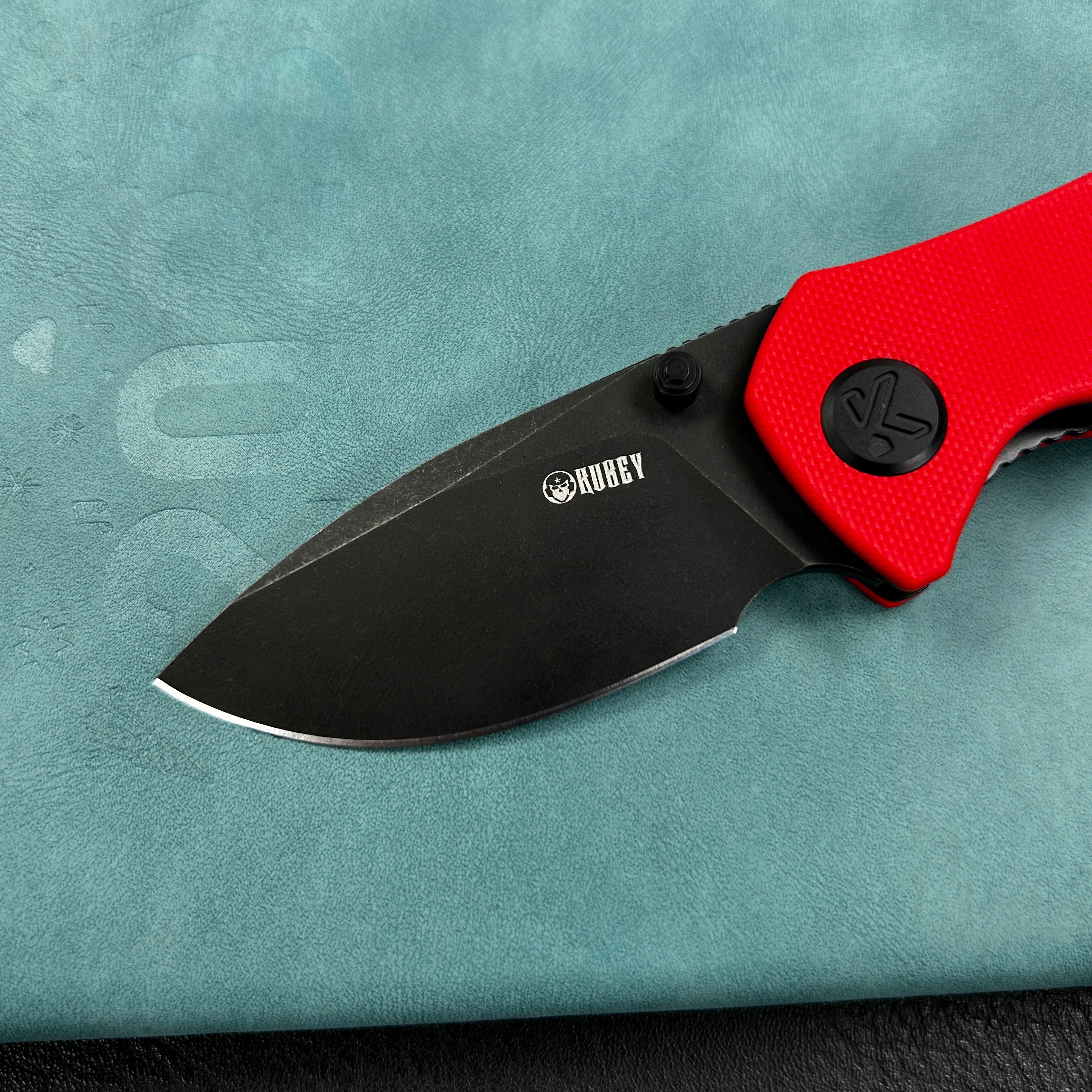 KUBEY KU180O Karaji Liner Lock Dual Thumb Studs Open Folding Pocket Knife Red G10 Handle 2.56" Blackwash 14C28N