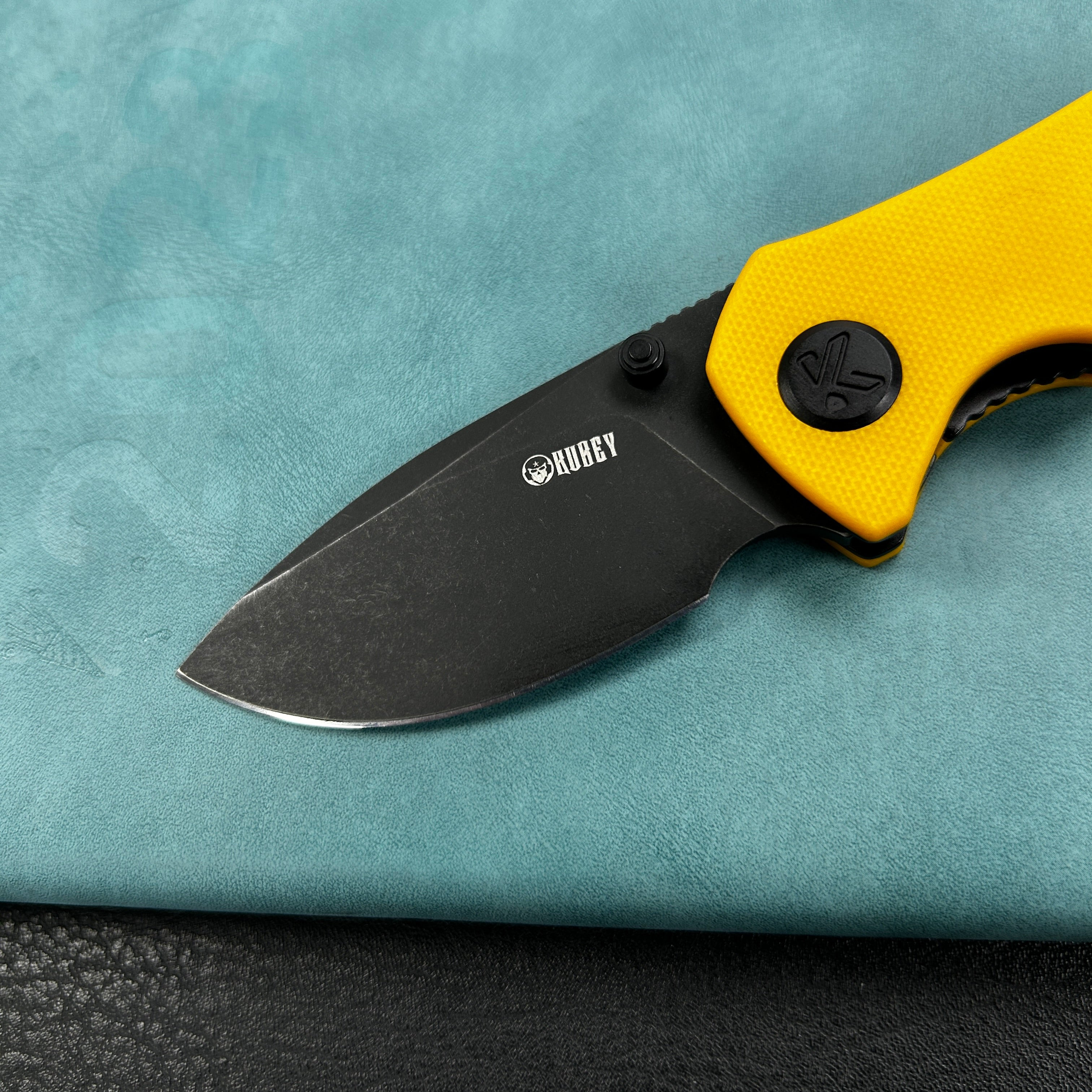 KUBEY KU180N Karaji Liner Lock Dual Thumb Studs Open Folding Pocket Knife Yellow G10 Handle 2.56" Blackwash 14C28N