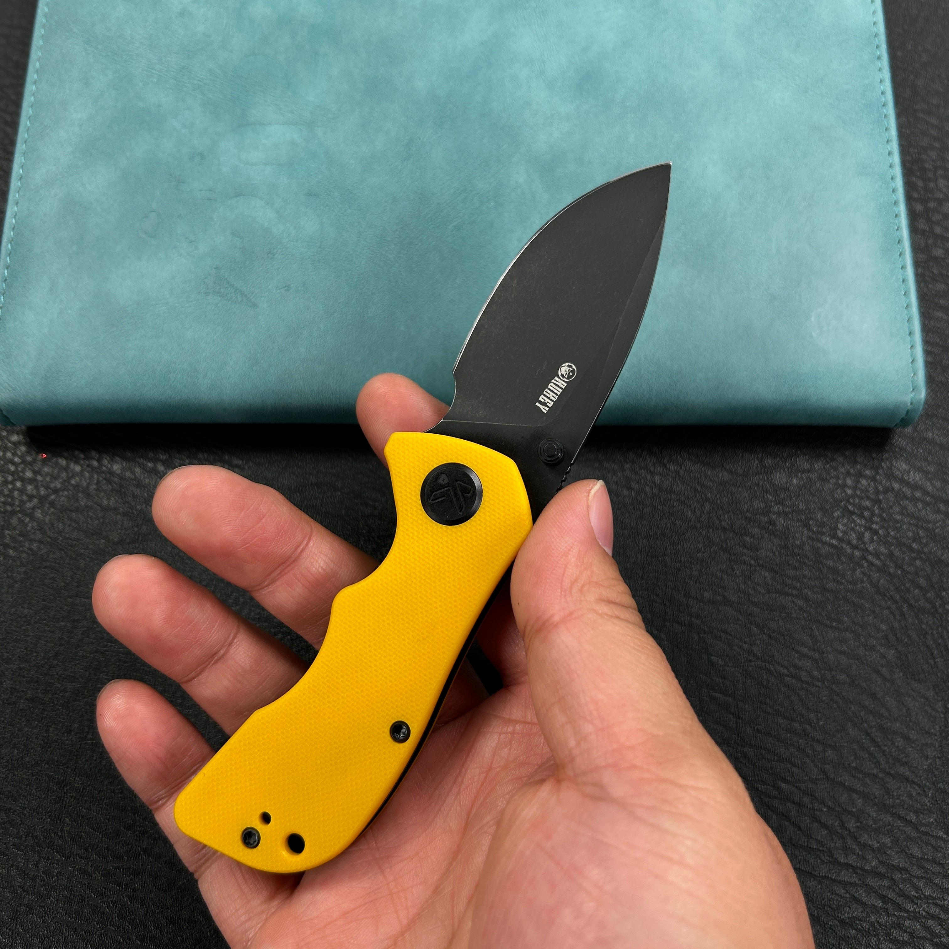 KUBEY KU180N Karaji Liner Lock Dual Thumb Studs Open Folding Pocket Knife Yellow G10 Handle 2.56" Blackwash 14C28N